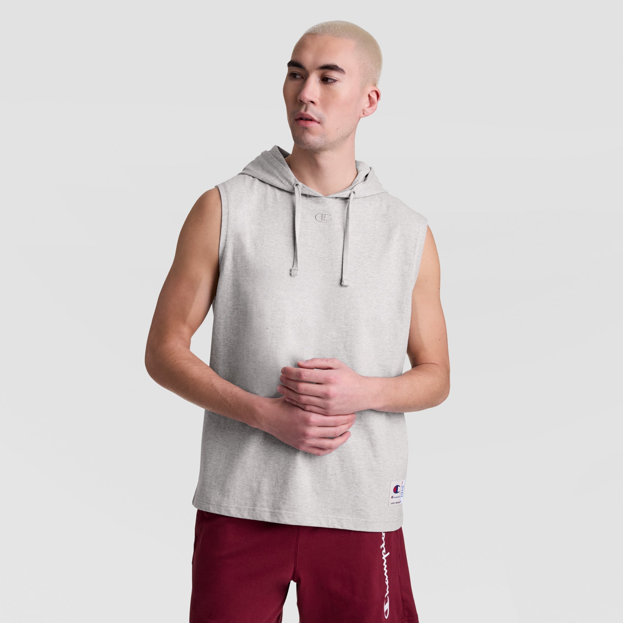 Champion Sleeveless Hoodie, Embroidered C Logo - Oxford Grey Heather