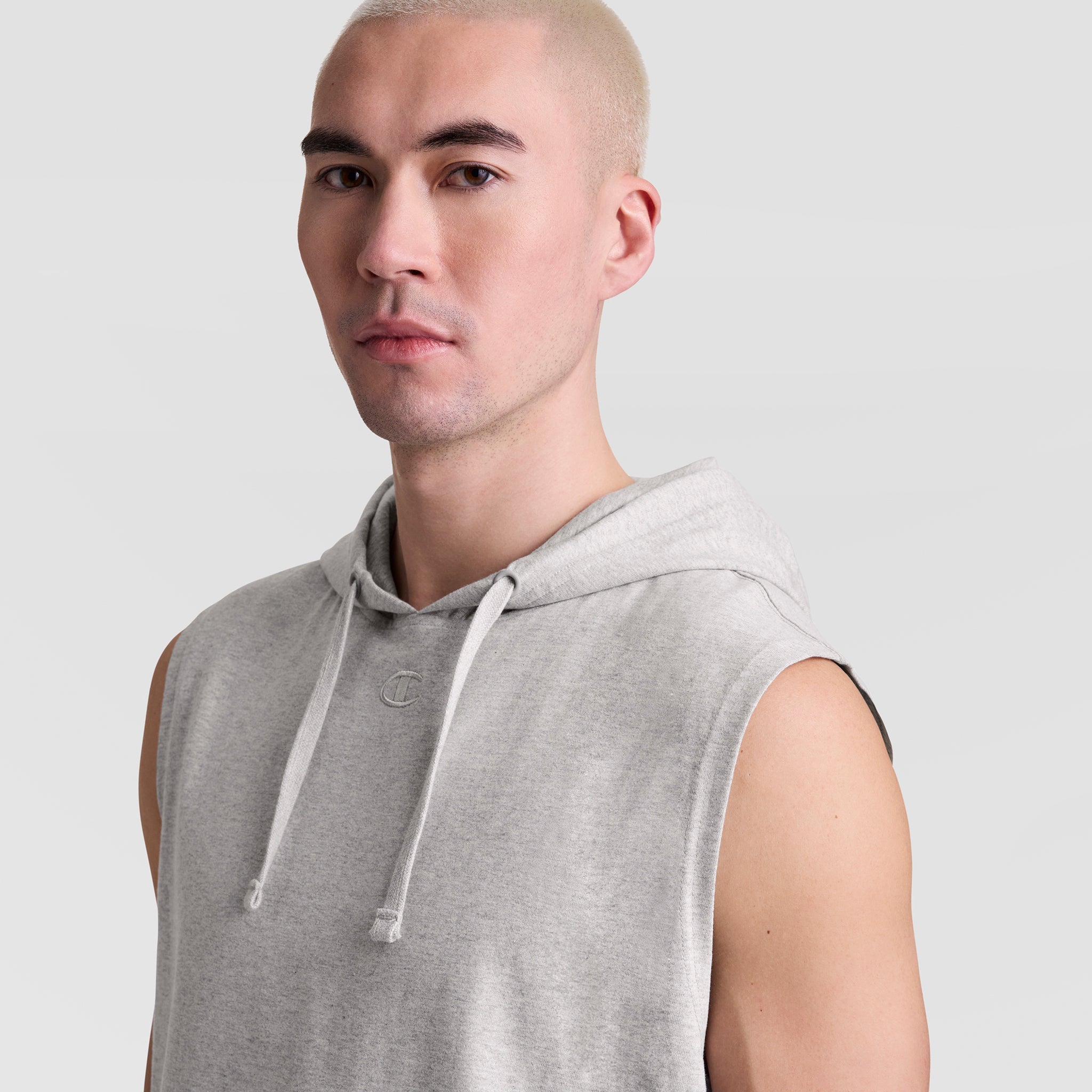 Champion Sleeveless Hoodie, Embroidered C Logo - Oxford Grey Heather