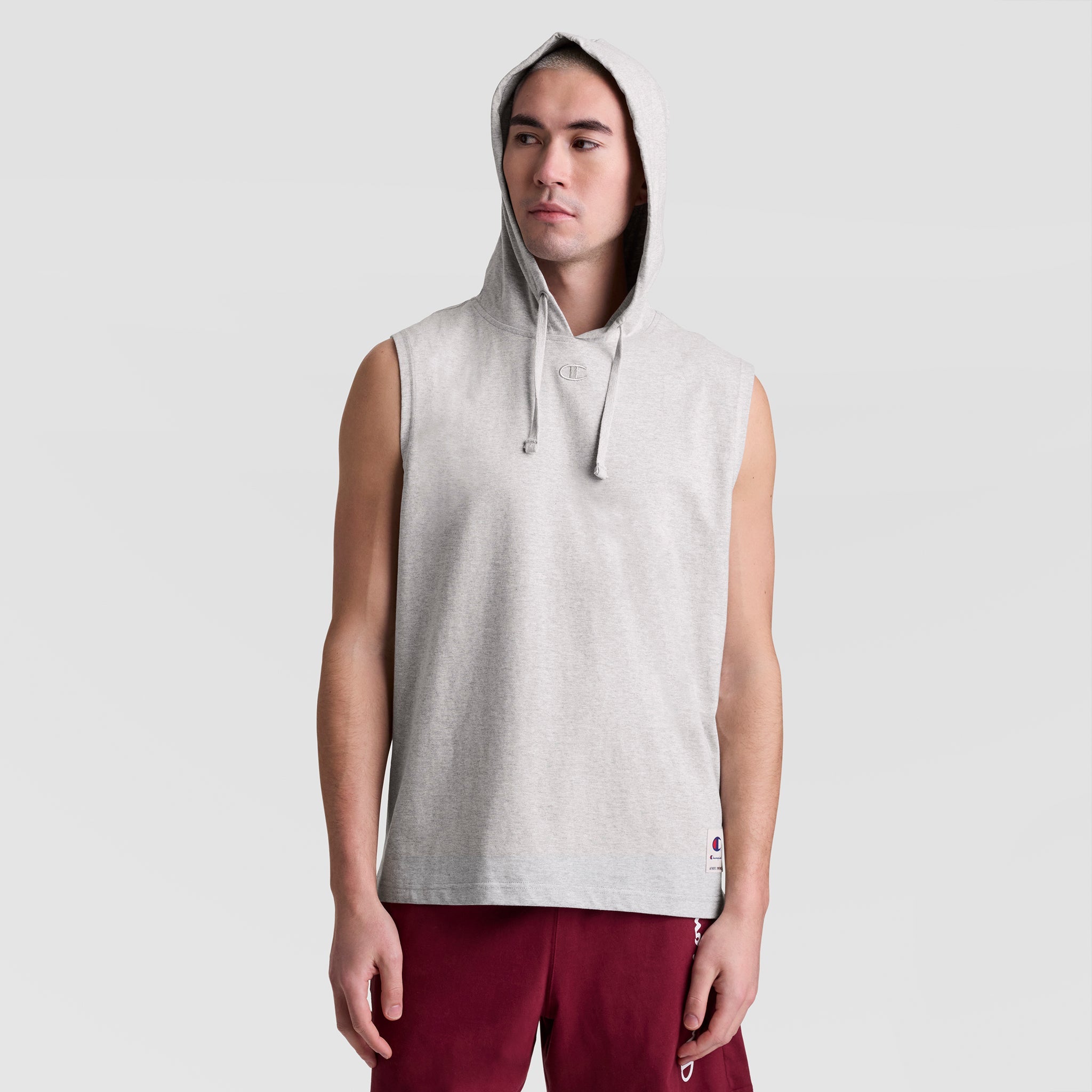 Champion Sleeveless Hoodie, Embroidered C Logo - Oxford Grey Heather