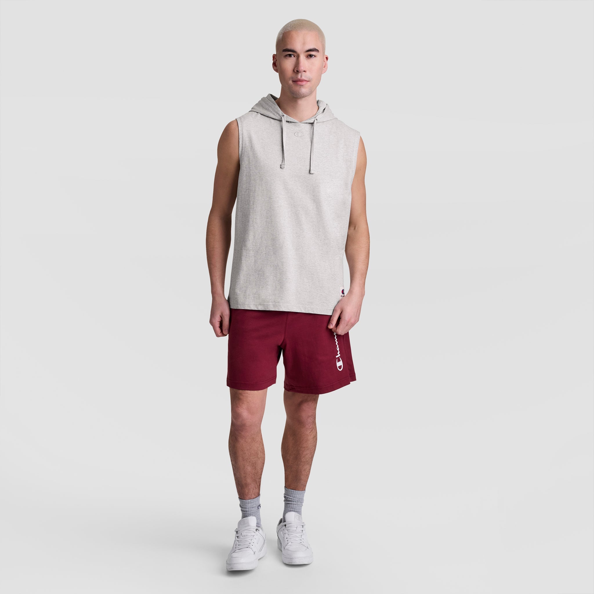 Champion Sleeveless Hoodie, Embroidered C Logo - Oxford Grey Heather