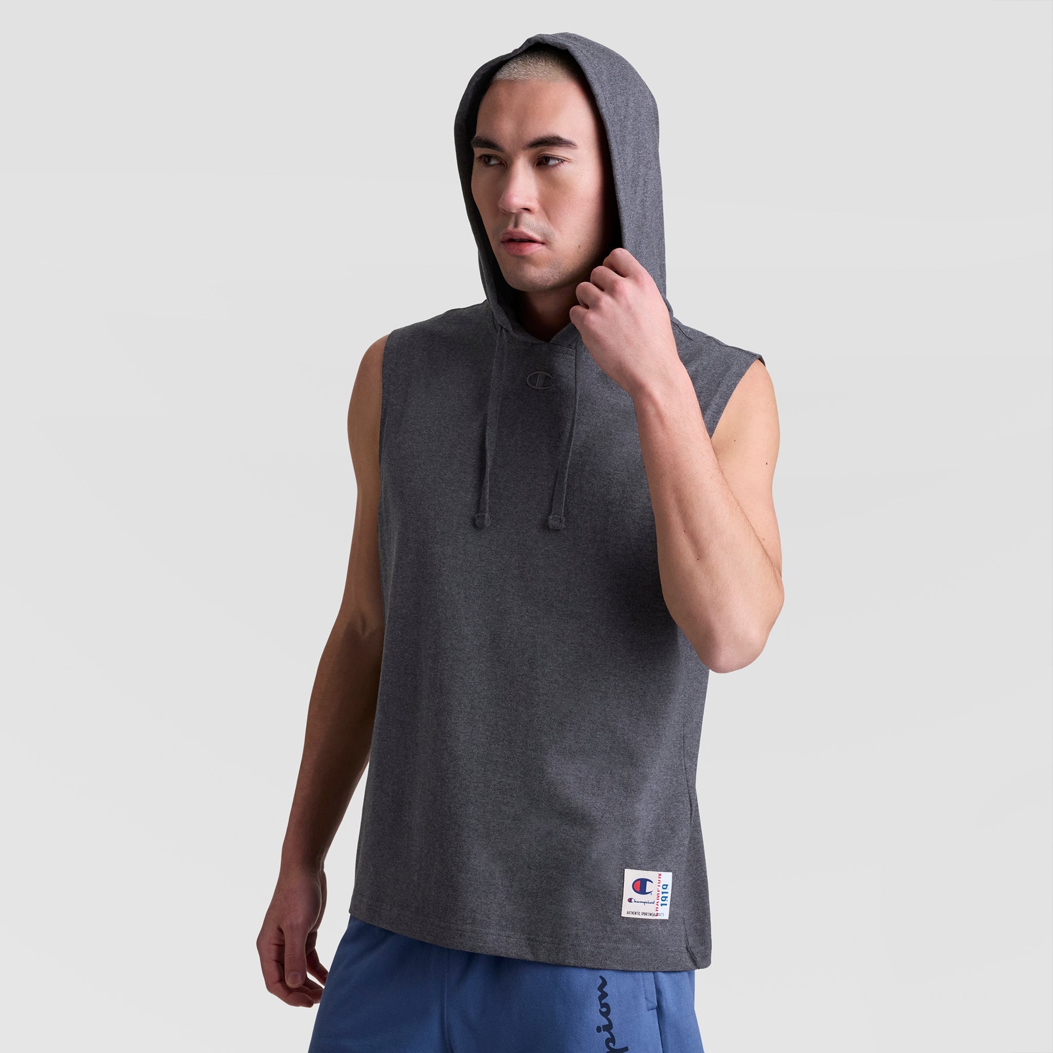 Champion Sleeveless Hoodie, Embroidered C Logo - Granite Heather