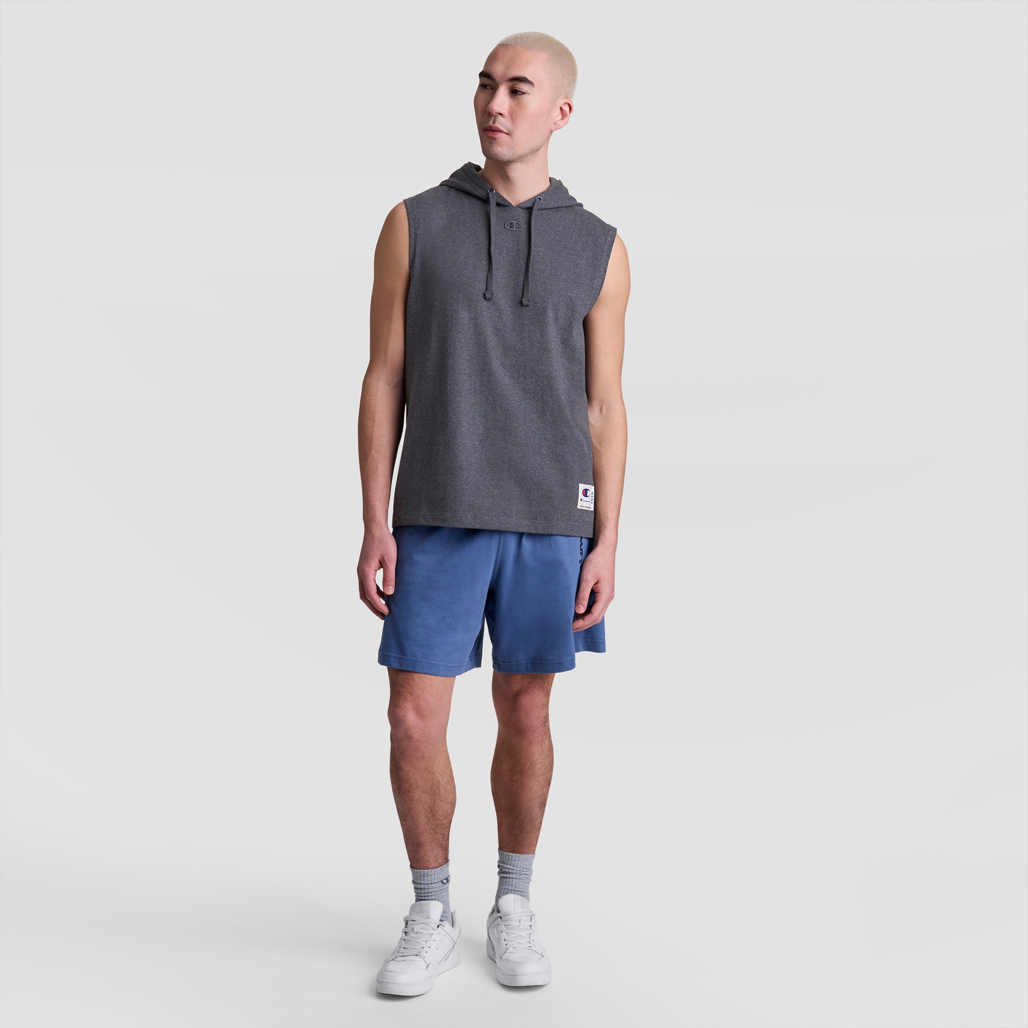 Champion Sleeveless Hoodie, Embroidered C Logo - Granite Heather