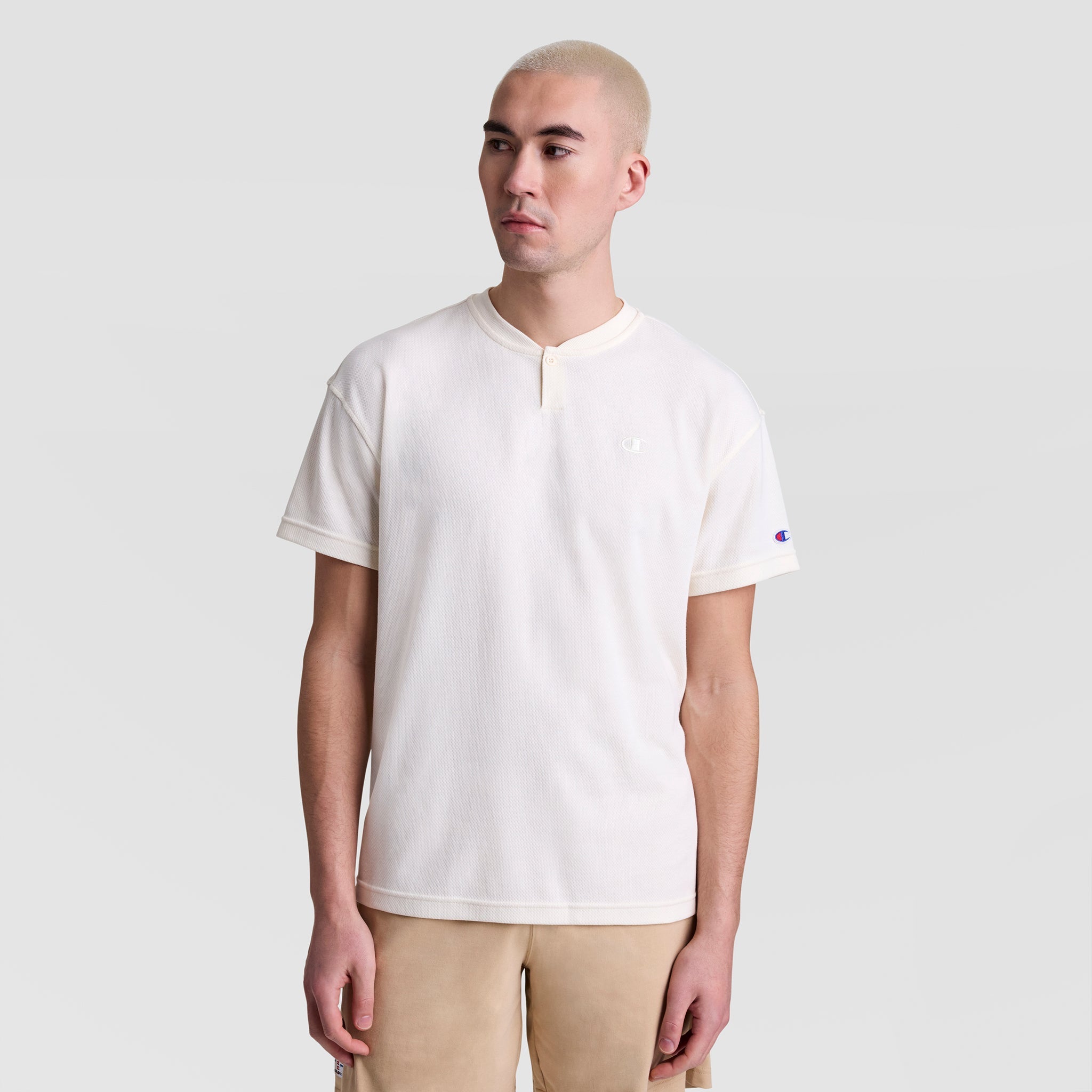 Champion Textured Henley, Tonal Embroidered C Logo - Unbleached Cotton