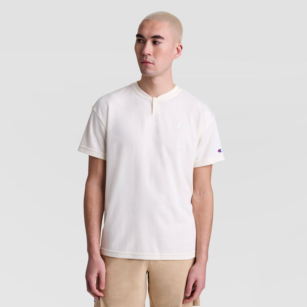 Champion Textured Henley, Tonal Embroidered C Logo - Unbleached Cotton
