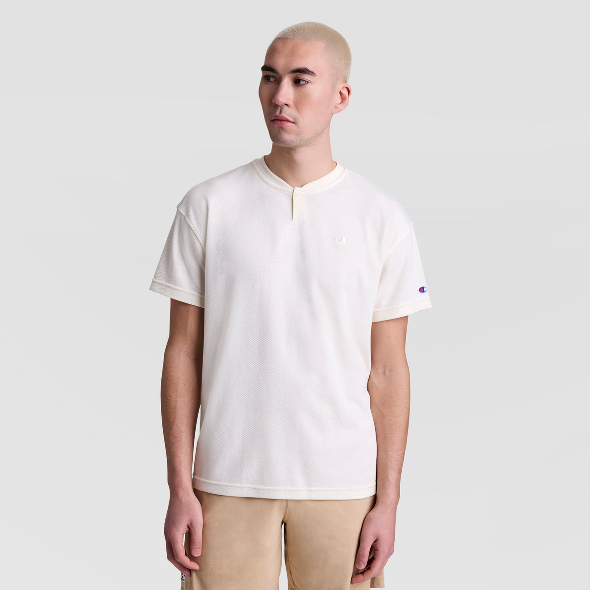 Champion Textured Henley, Tonal Embroidered C Logo - Unbleached Cotton