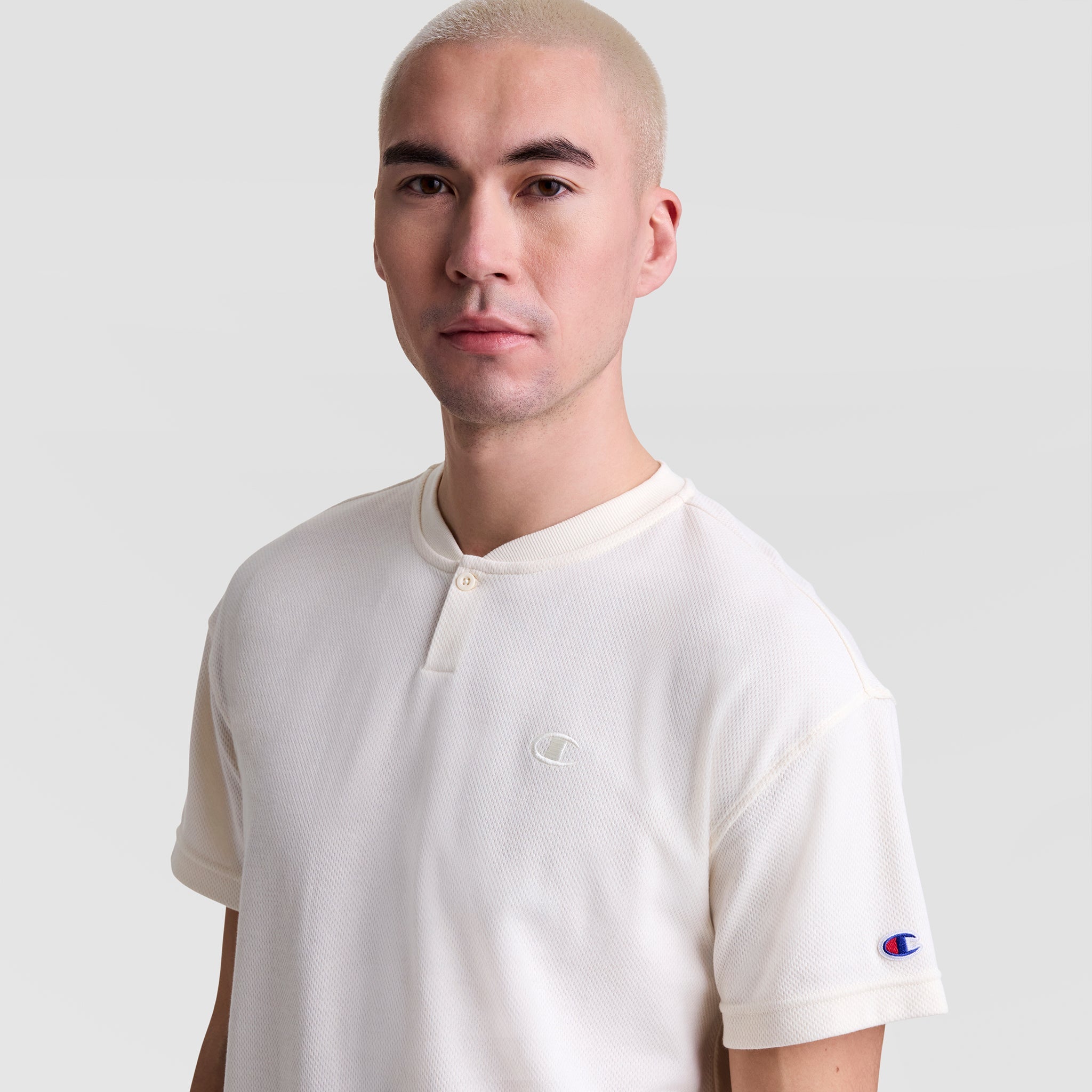 Champion Textured Henley, Tonal Embroidered C Logo - Unbleached Cotton