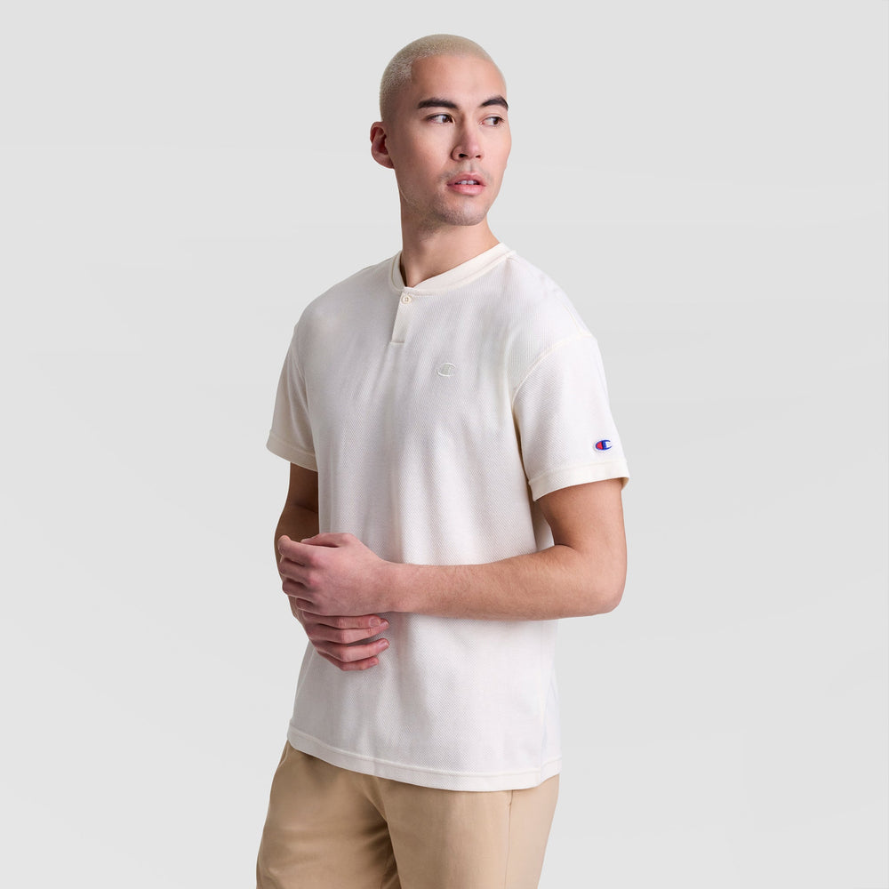 Champion Textured Henley, Tonal Embroidered C Logo - Unbleached Cotton