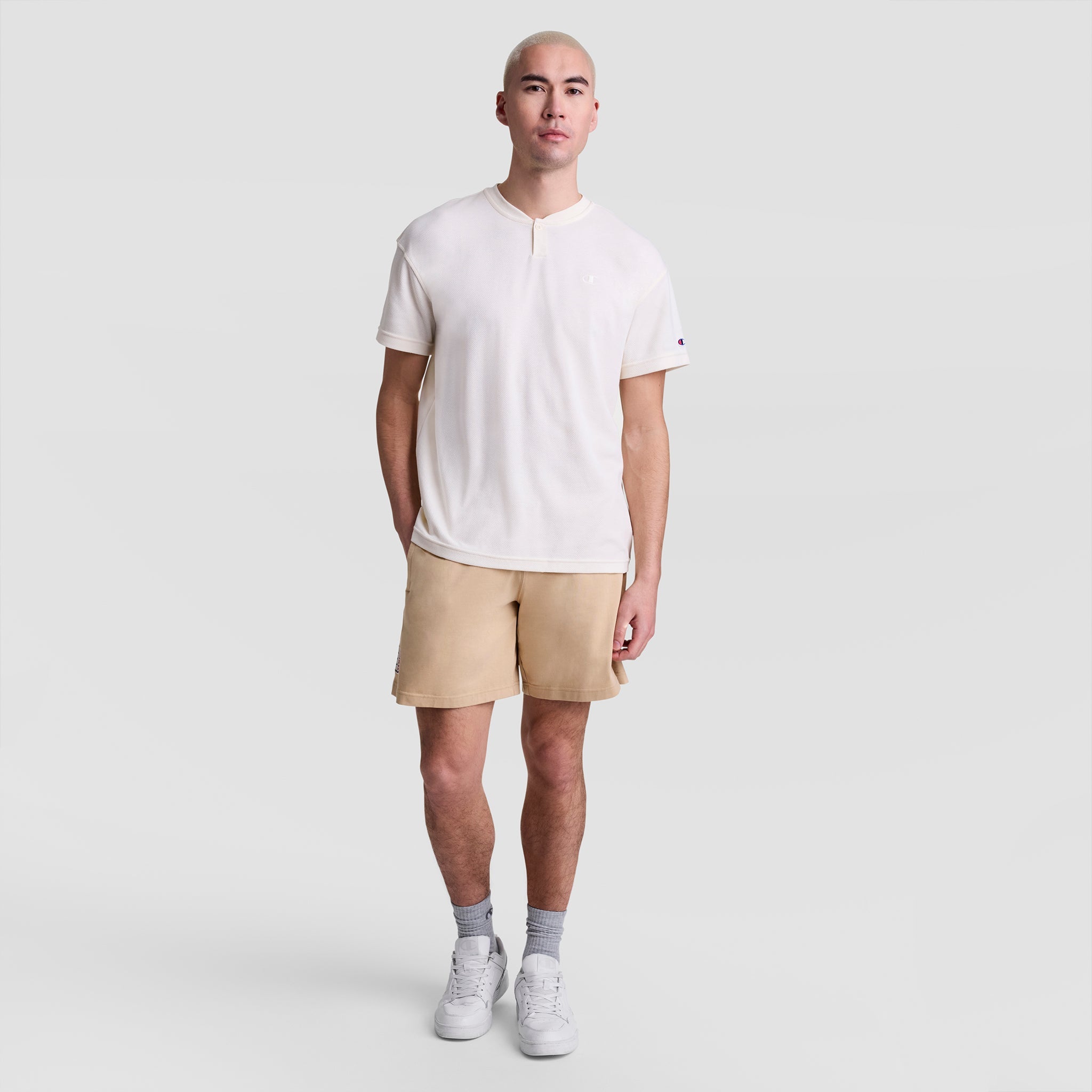 Champion Textured Henley, Tonal Embroidered C Logo - Unbleached Cotton