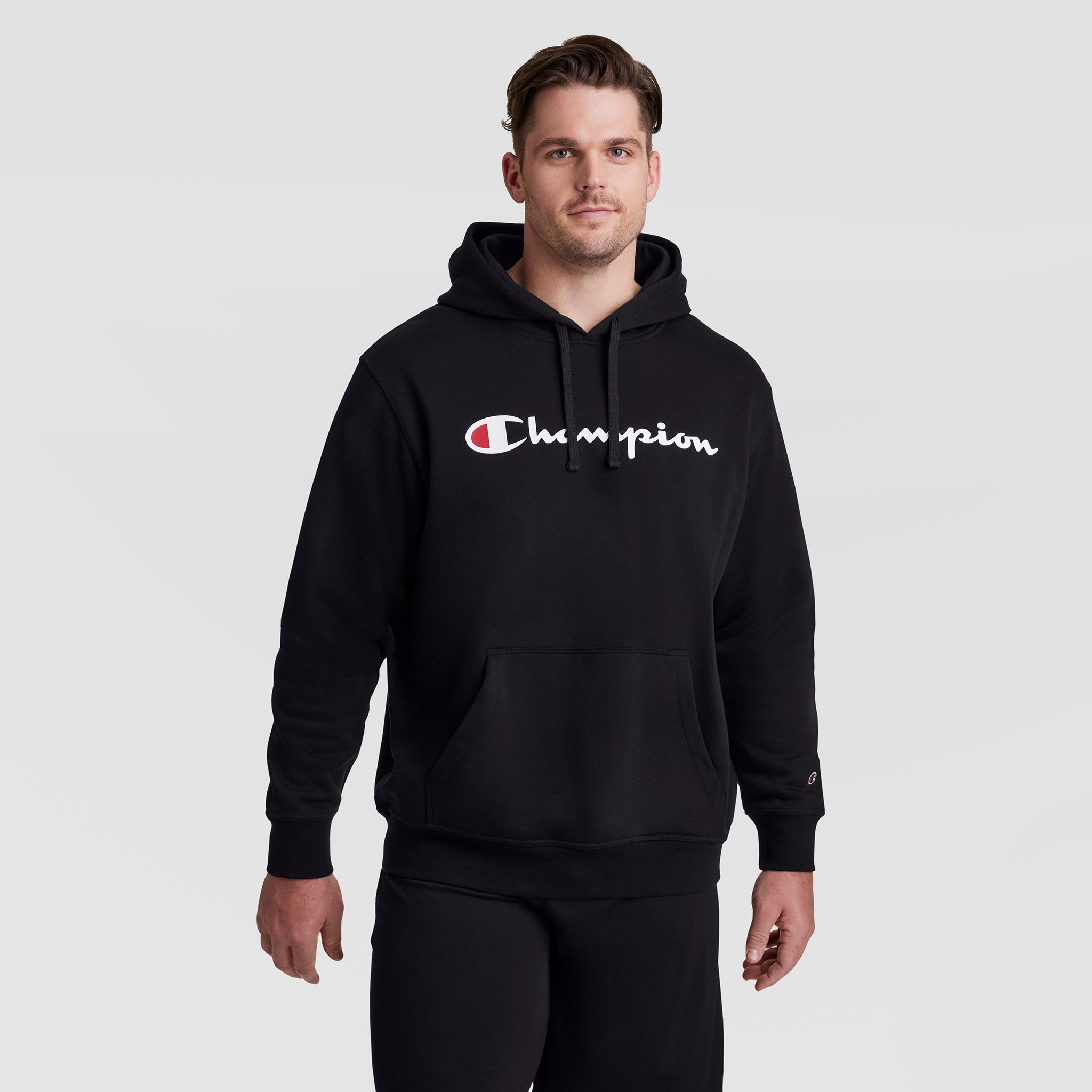 Champion Powerblend Hoodie, Full Script Logo - Big & Tall - Black