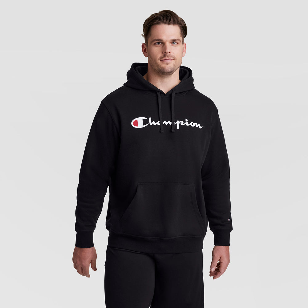 Champion Powerblend Hoodie, Full Script Logo - Big & Tall - Black