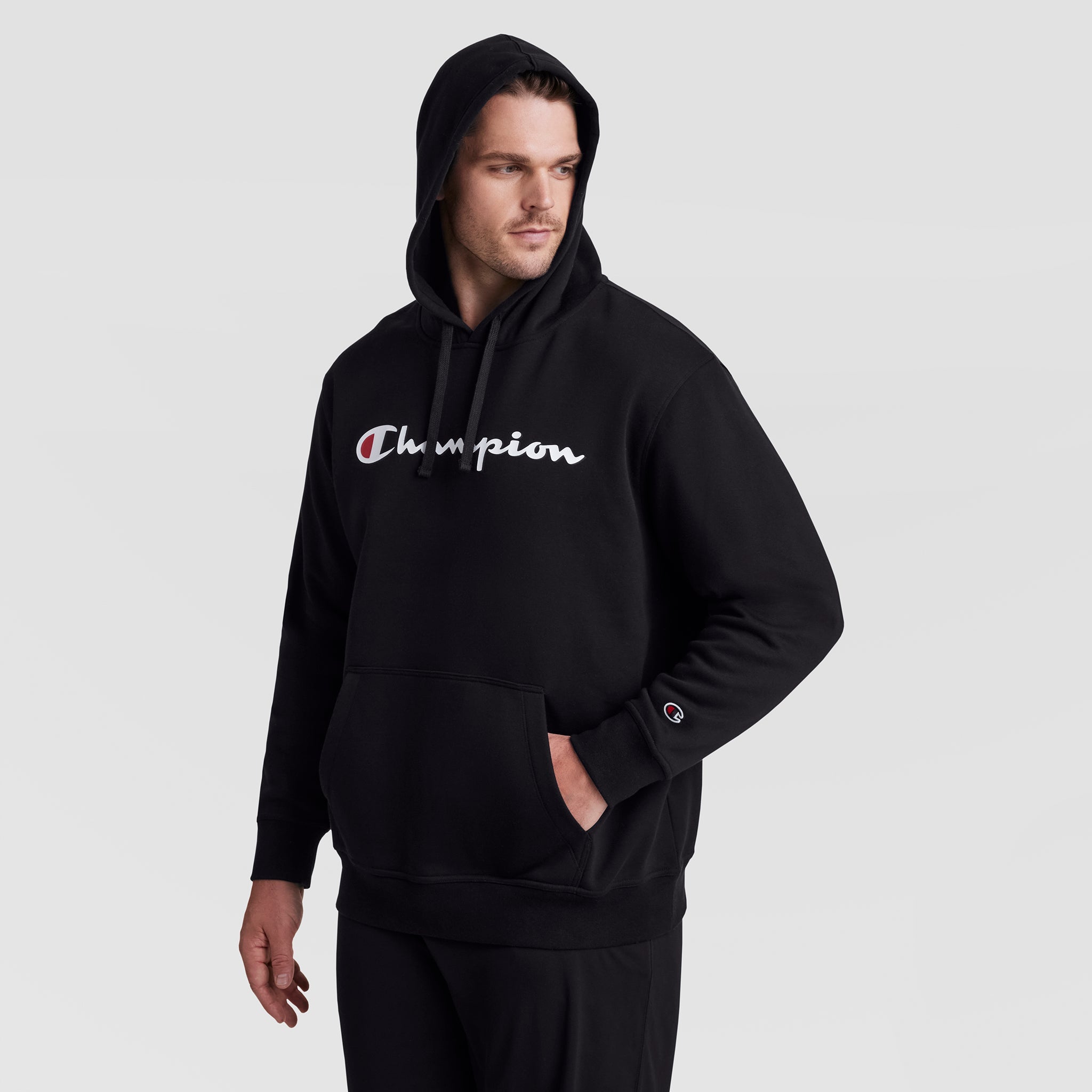 Champion Powerblend Hoodie, Full Script Logo - Big & Tall - Black