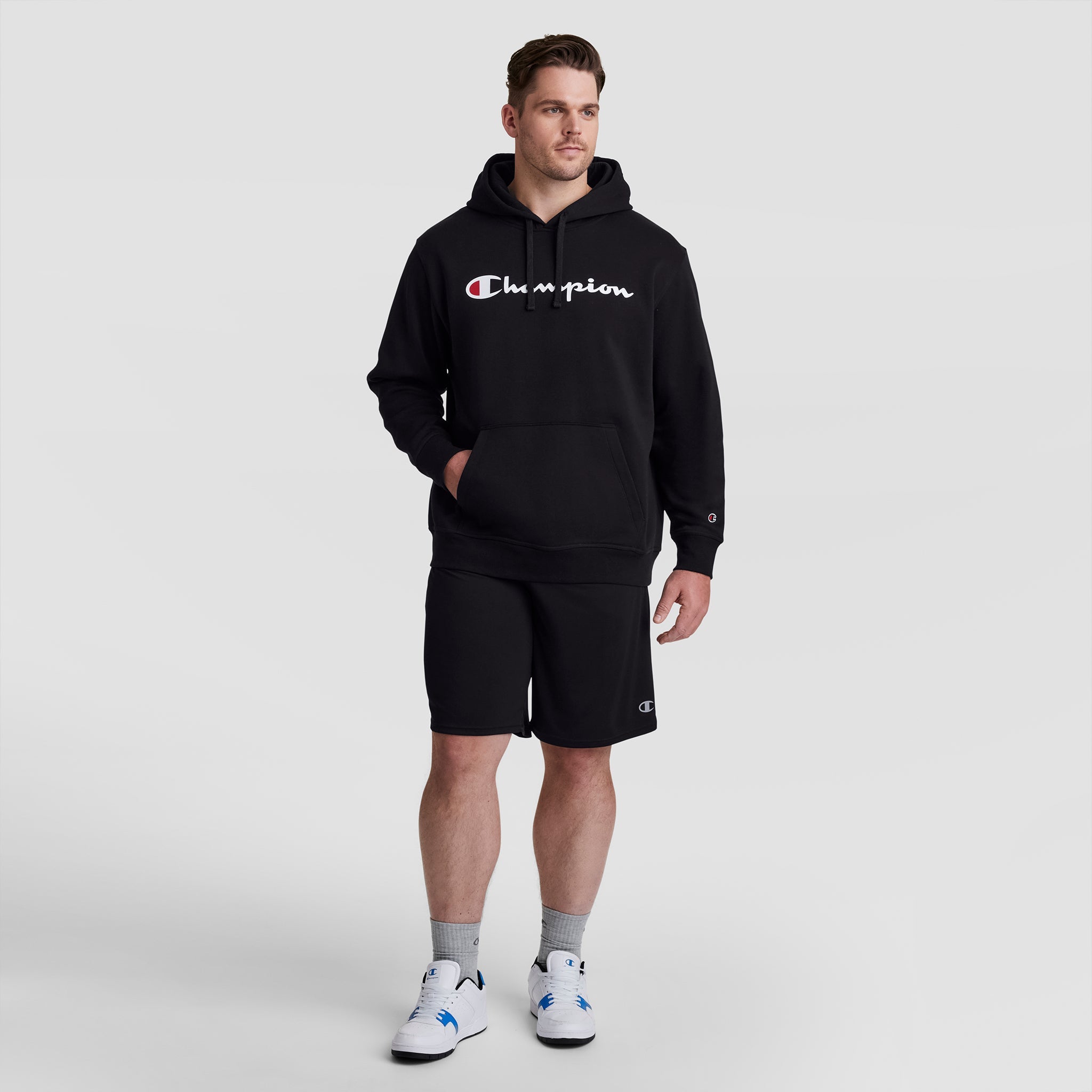 Champion Powerblend Hoodie, Full Script Logo - Big & Tall - Black
