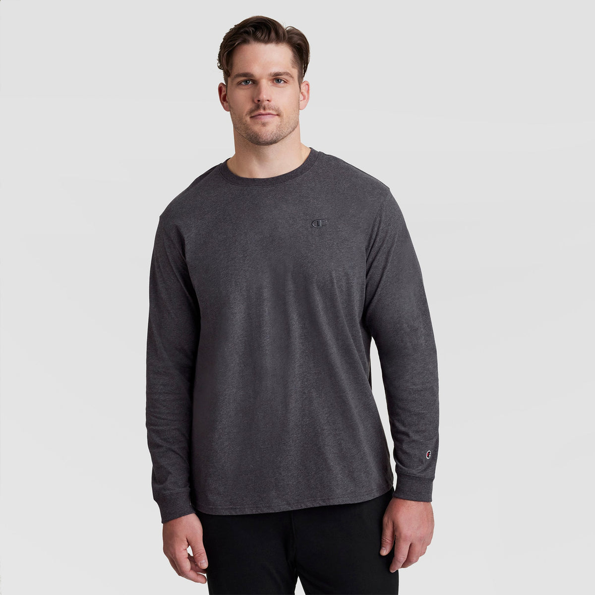 Champion Classic Long Sleeve T-Shirt, Embroidered C Logo - Big & Tall - Granite Heather