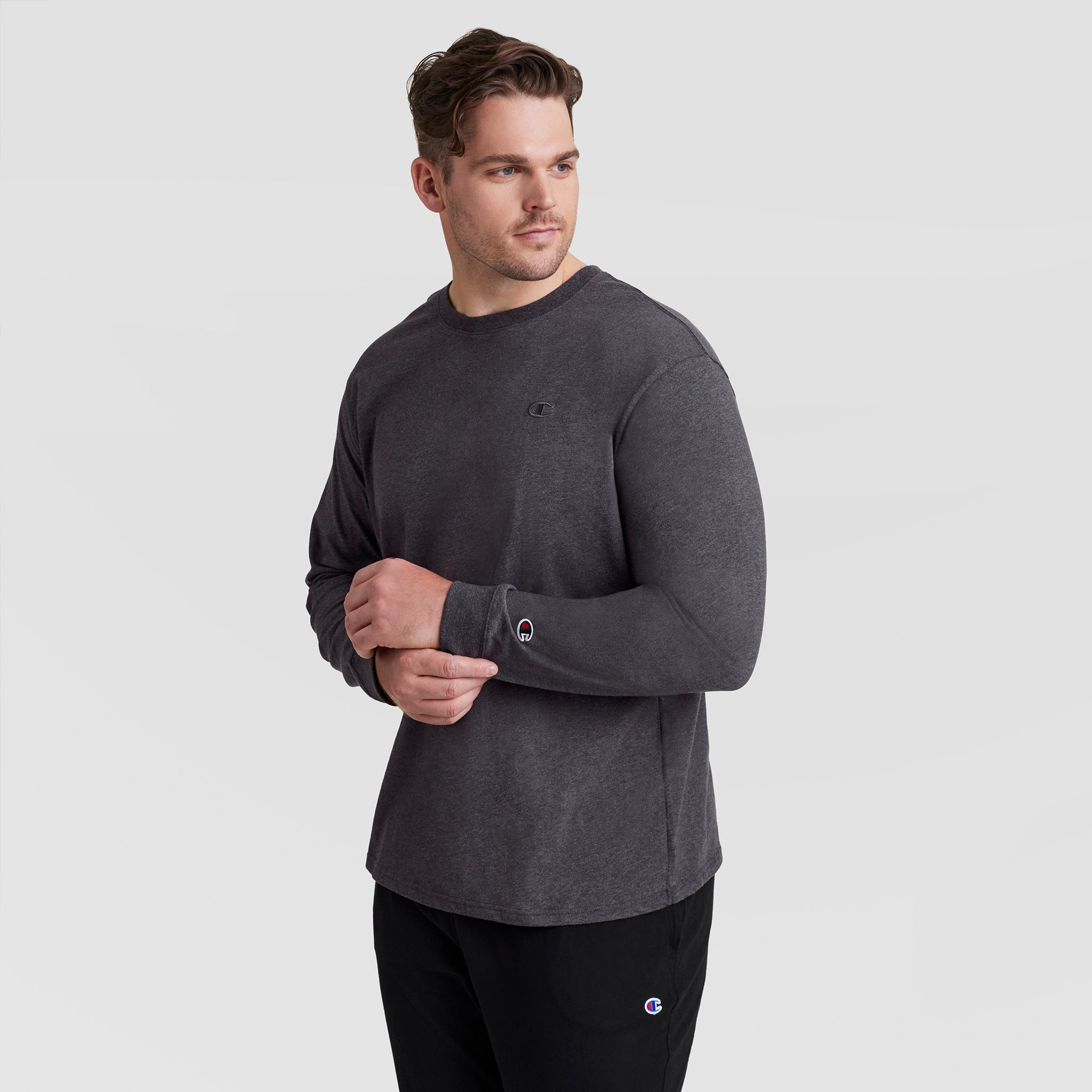 Champion Classic Long Sleeve T-Shirt, Embroidered C Logo - Big & Tall - Granite Heather