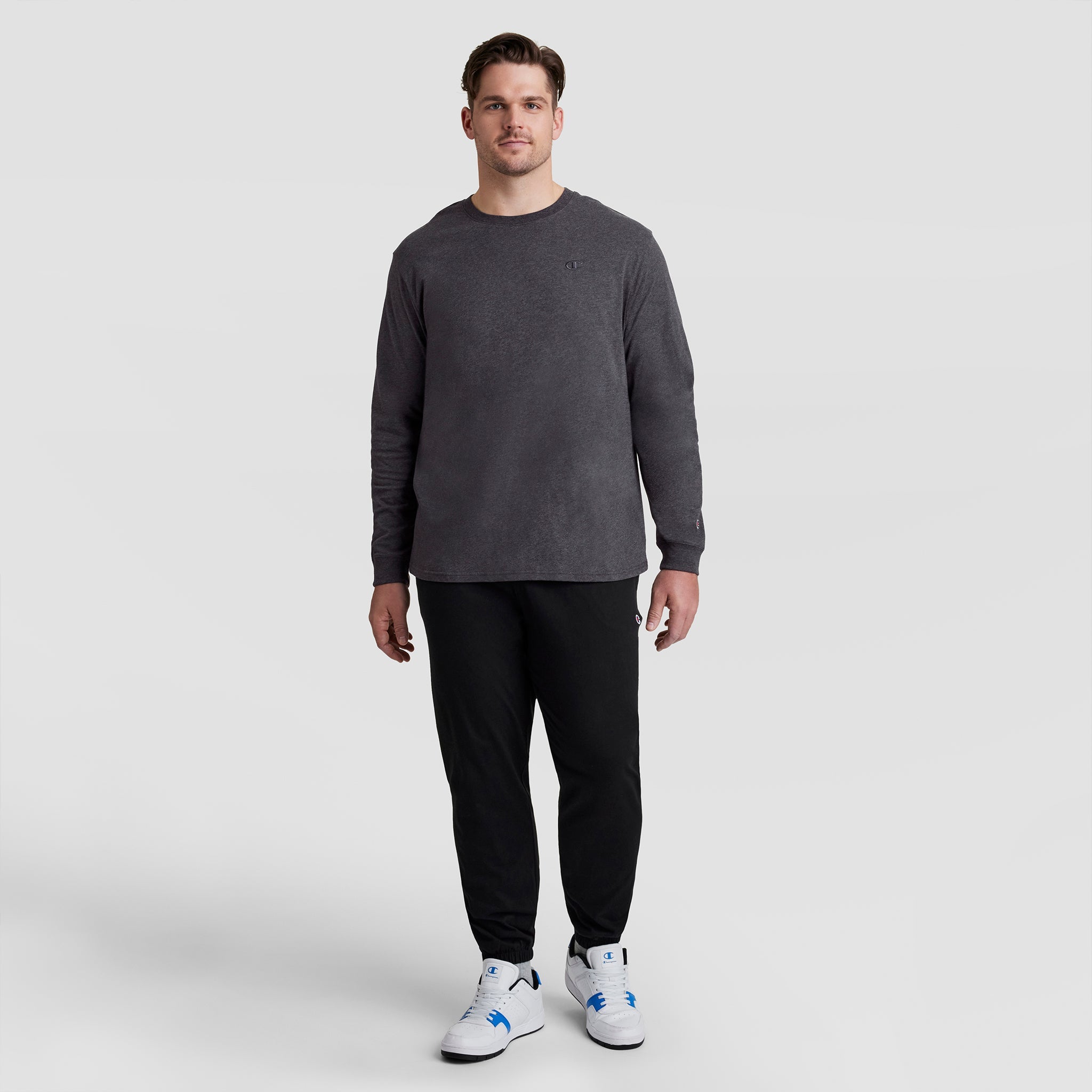 Champion Classic Long Sleeve T-Shirt, Embroidered C Logo - Big & Tall - Granite Heather