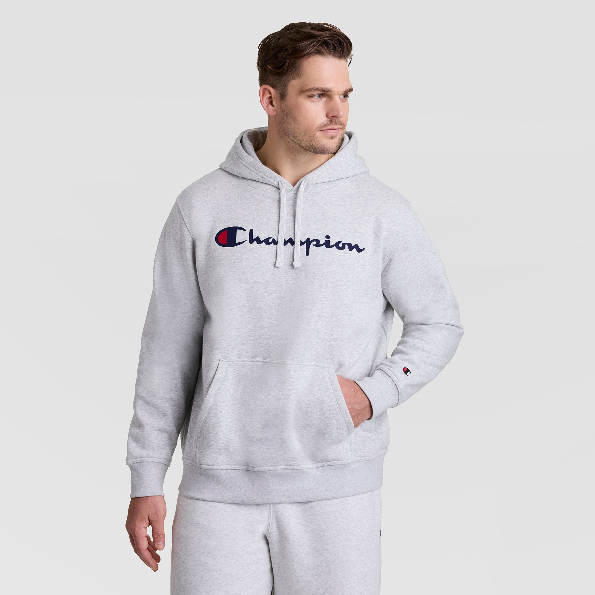 Champion Powerblend Hoodie, Full Script Logo - Big & Tall - Platinum Silver Heather