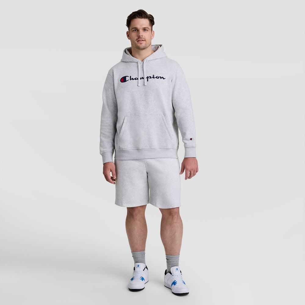 Champion Powerblend Hoodie, Full Script Logo - Big & Tall - Platinum Silver Heather