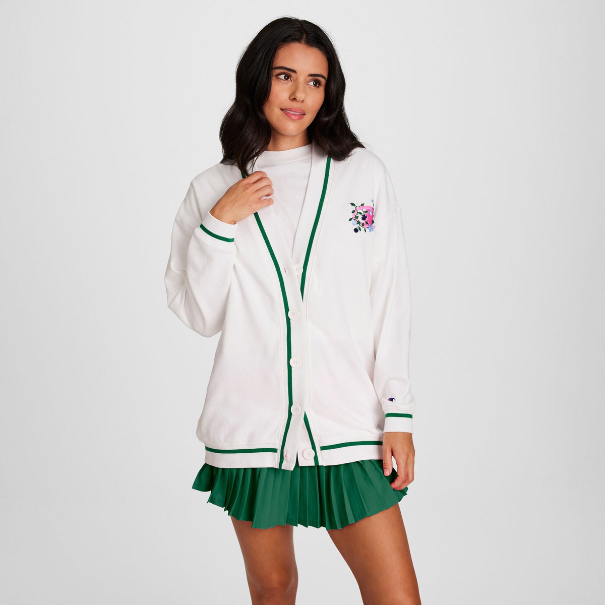 Champion Country Club Cardigan, Embroidered Floral "C" Logo - Bright White