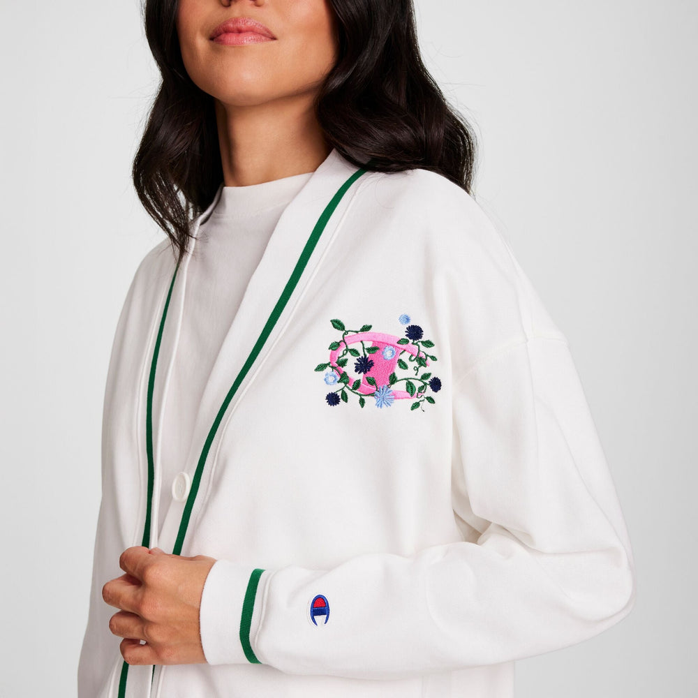 Champion Country Club Cardigan, Embroidered Floral "C" Logo - Bright White