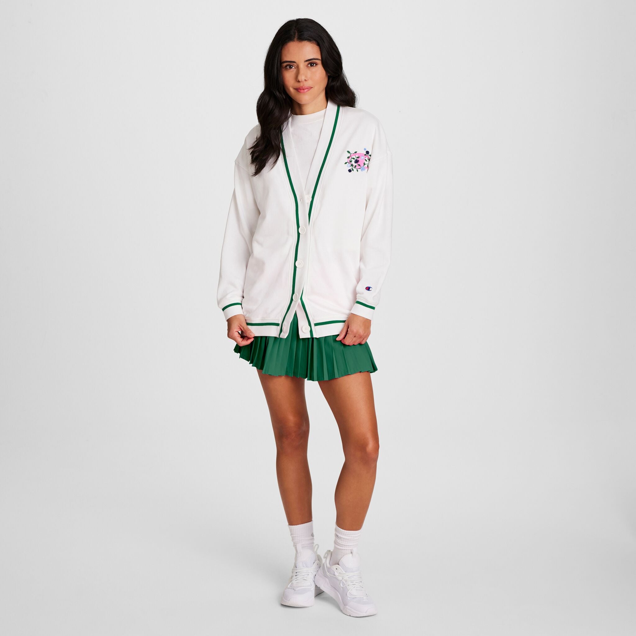 Champion Country Club Cardigan, Embroidered Floral "C" Logo - Bright White