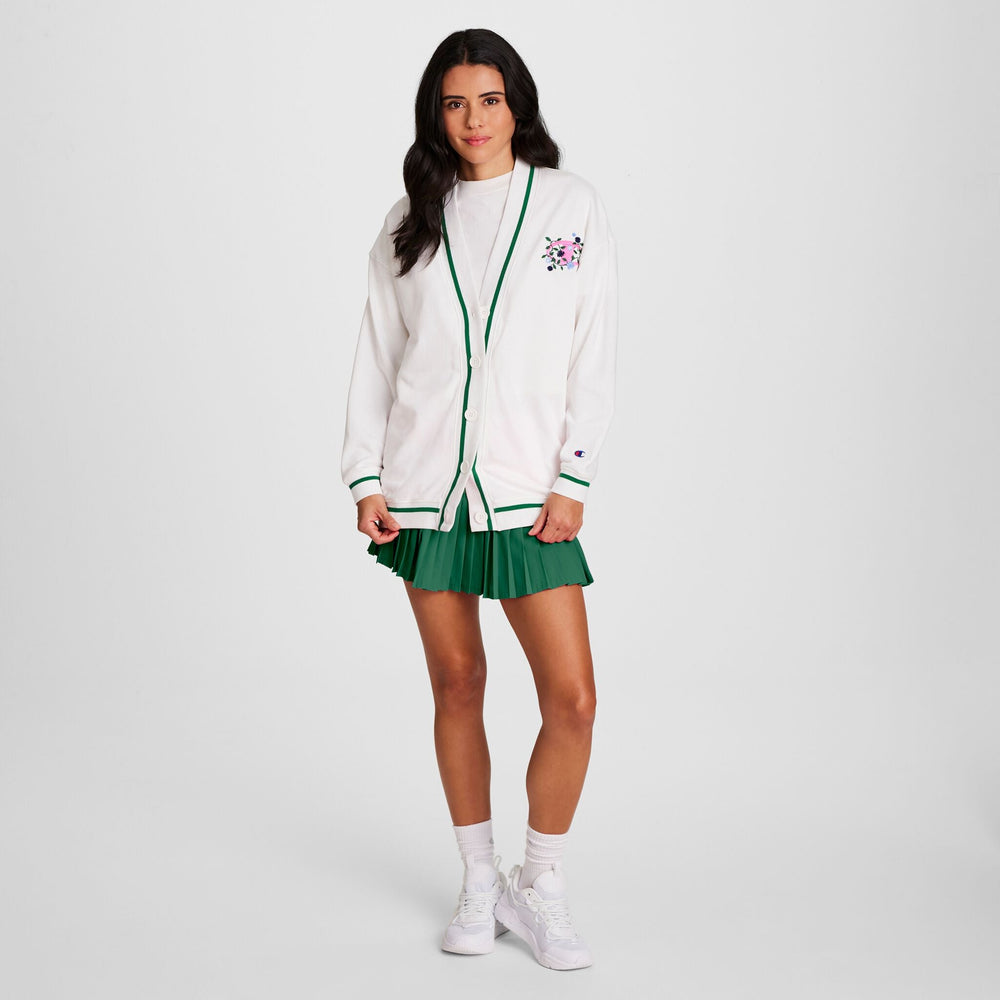 Champion Country Club Cardigan, Embroidered Floral "C" Logo - Bright White