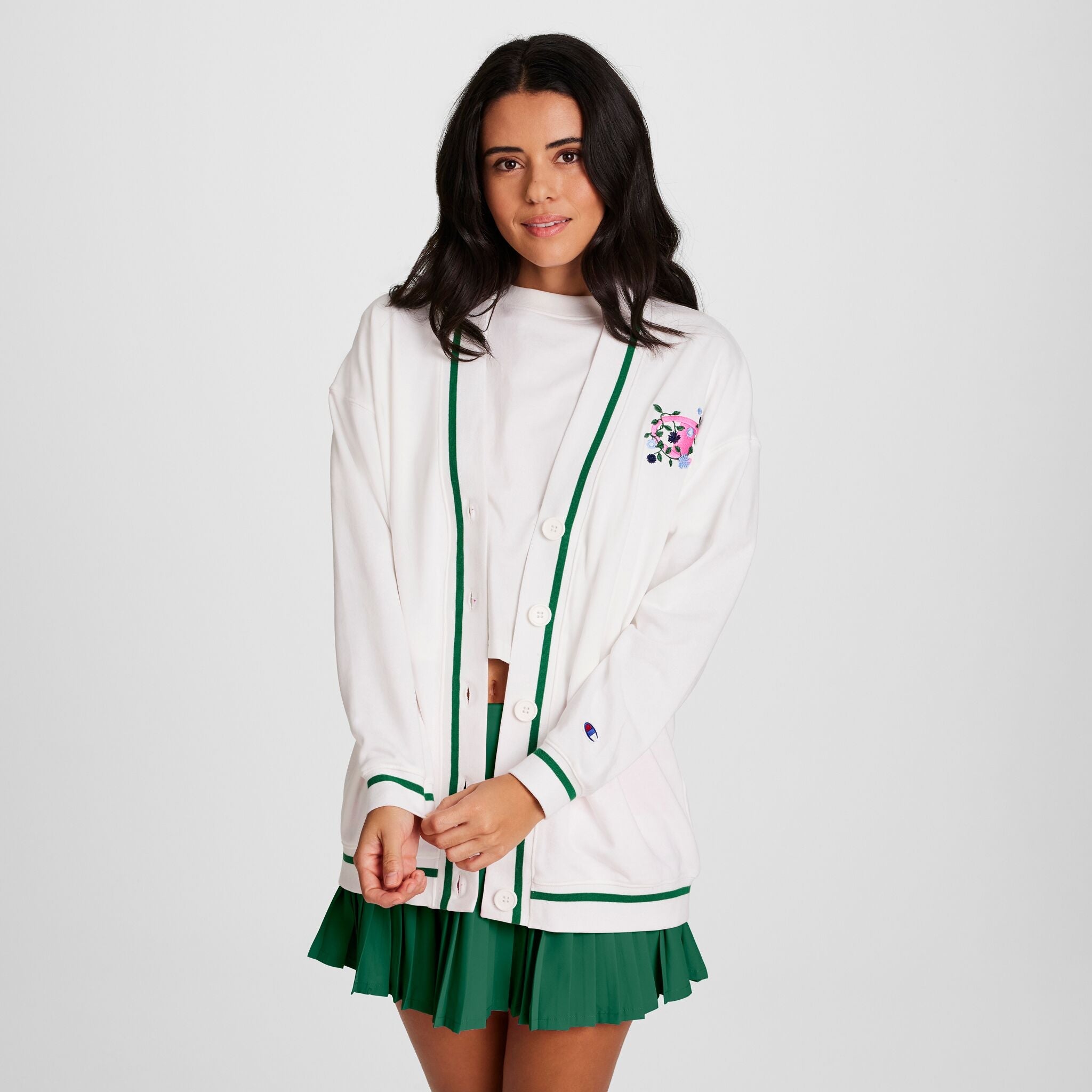 Champion Country Club Cardigan, Embroidered Floral "C" Logo - Bright White