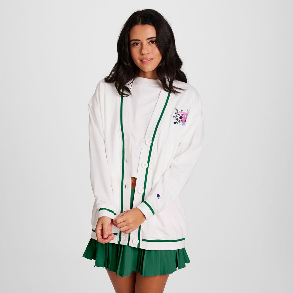 Champion Country Club Cardigan, Embroidered Floral "C" Logo - Bright White