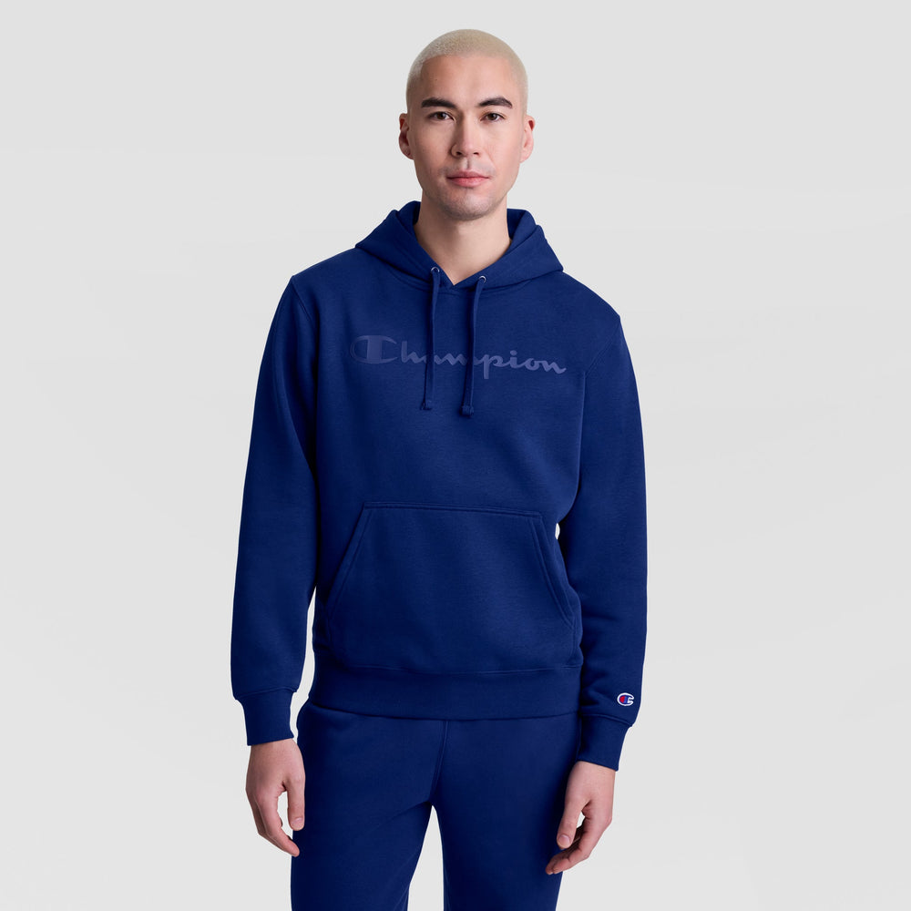 Champion Powerblend Hoodie, Tonal Script Logo - Blue Depth