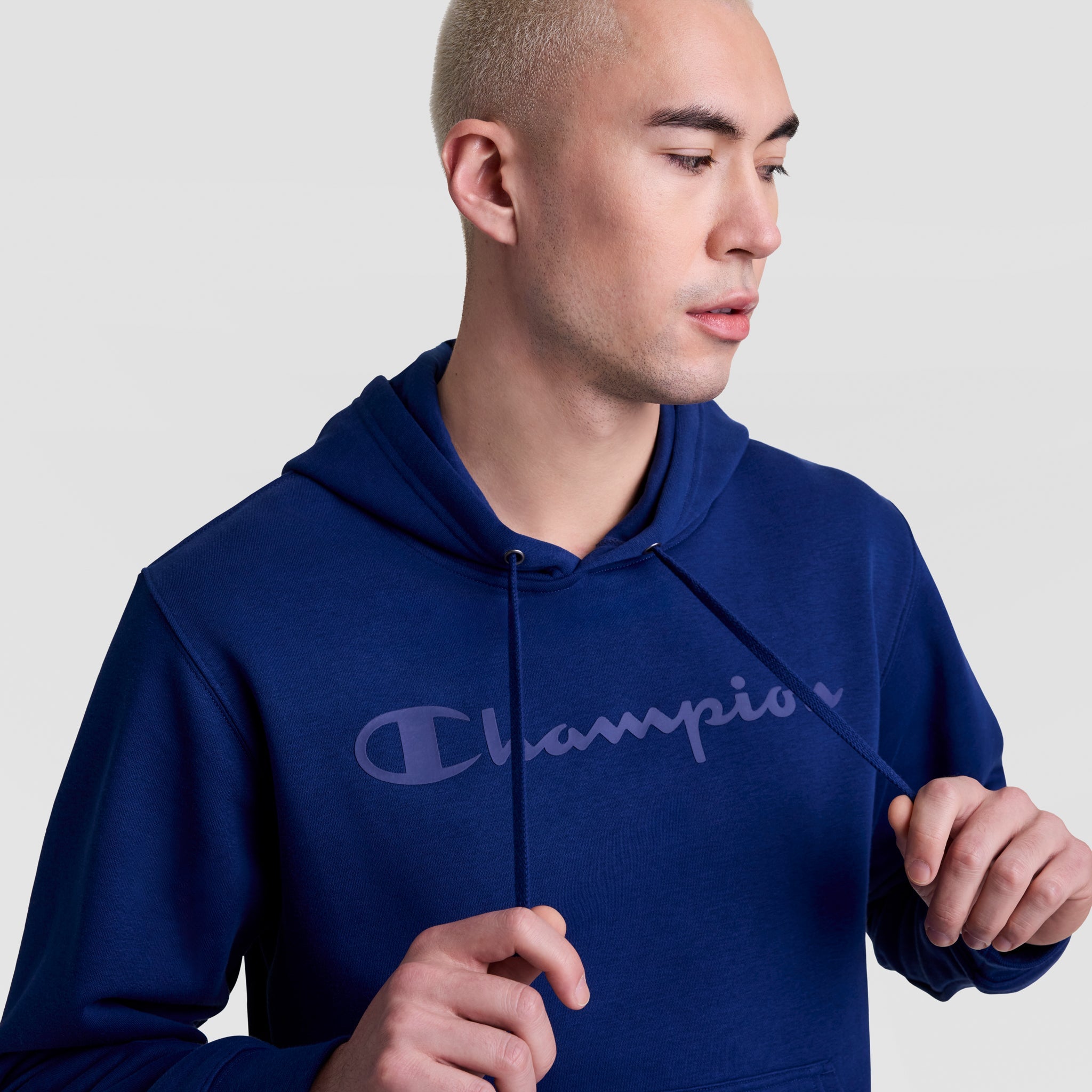 Champion Powerblend Hoodie, Tonal Script Logo - Blue Depth