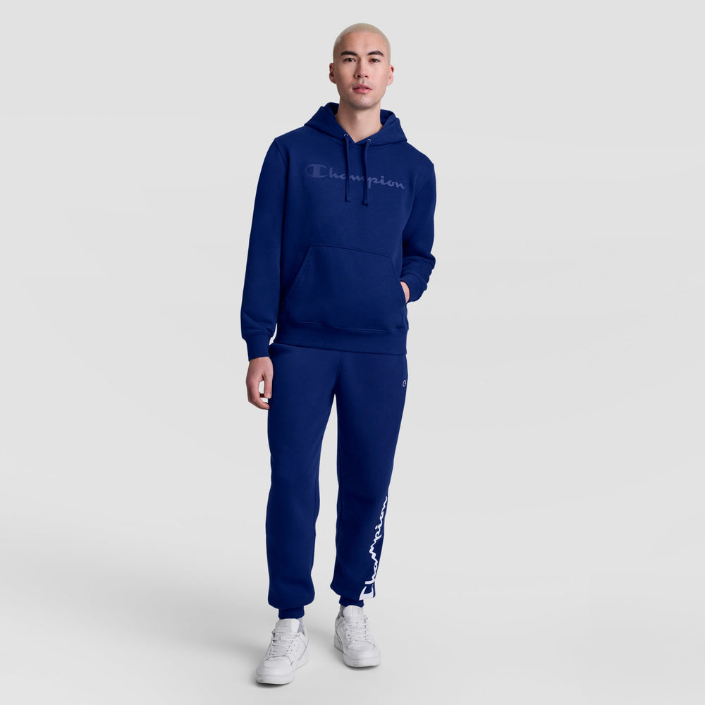 Champion Powerblend Hoodie, Tonal Script Logo - Blue Depth