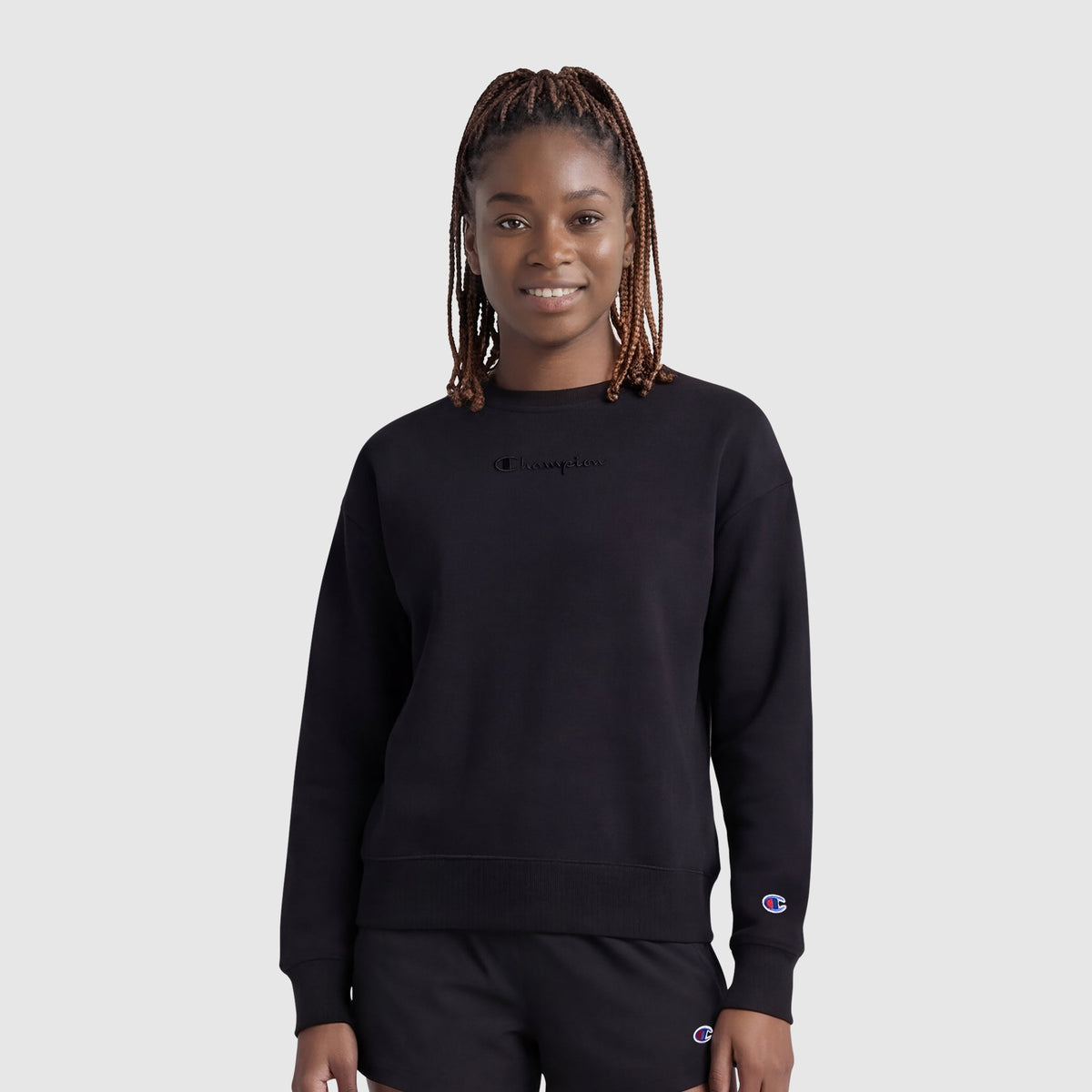 Champion Powerblend Crewneck Sweatshirt, Embroidered Script Logo - Black