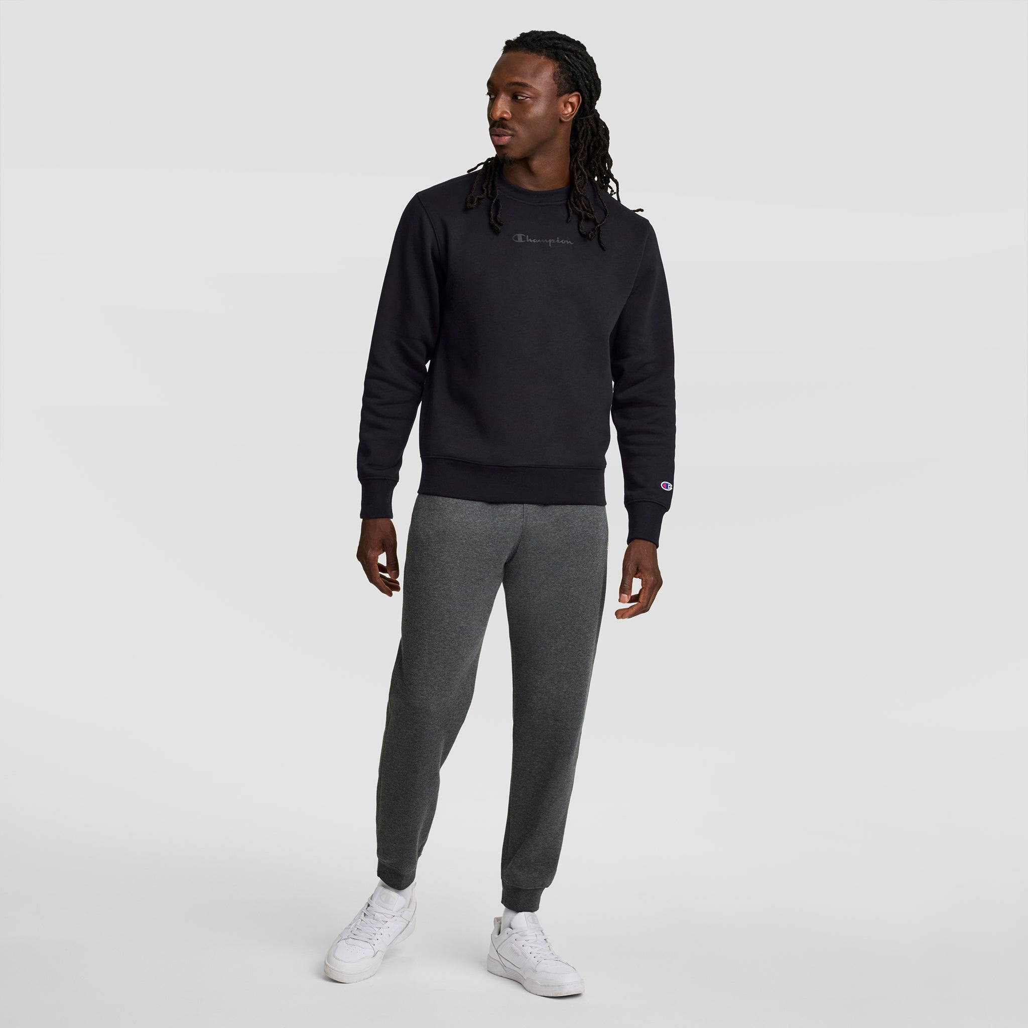 Champion Powerblend Crewneck Sweatshirt, Tonal Script Logo - Black