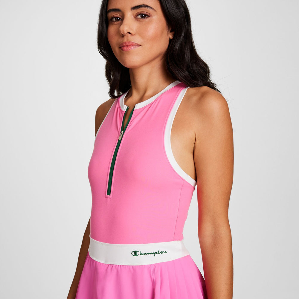 Champion Match Point Tennis Dress, Embroidered Script Logo - Pink Cosmos