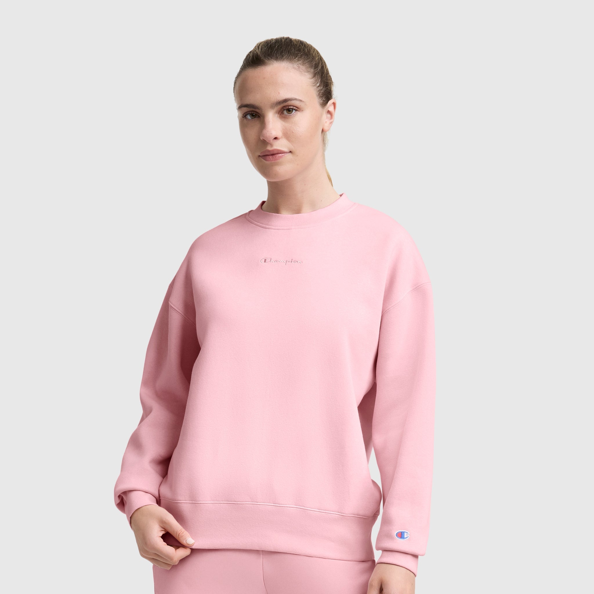 Champion Powerblend Crewneck Sweatshirt, Embroidered Script Logo - Rose Shadow