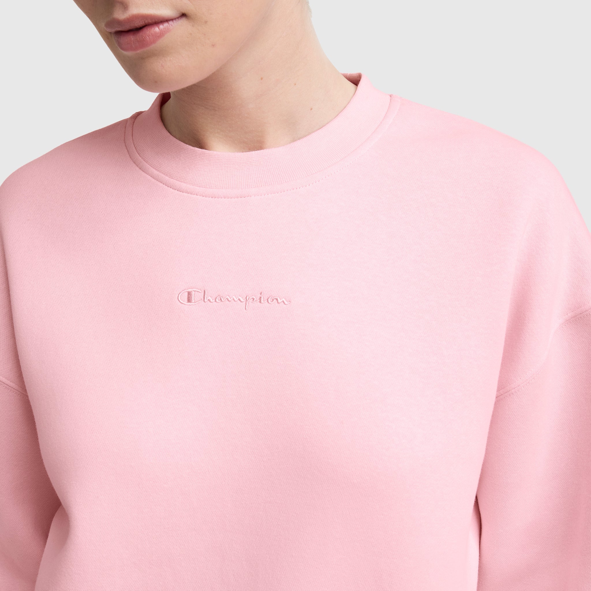 Champion Powerblend Crewneck Sweatshirt, Embroidered Script Logo - Rose Shadow