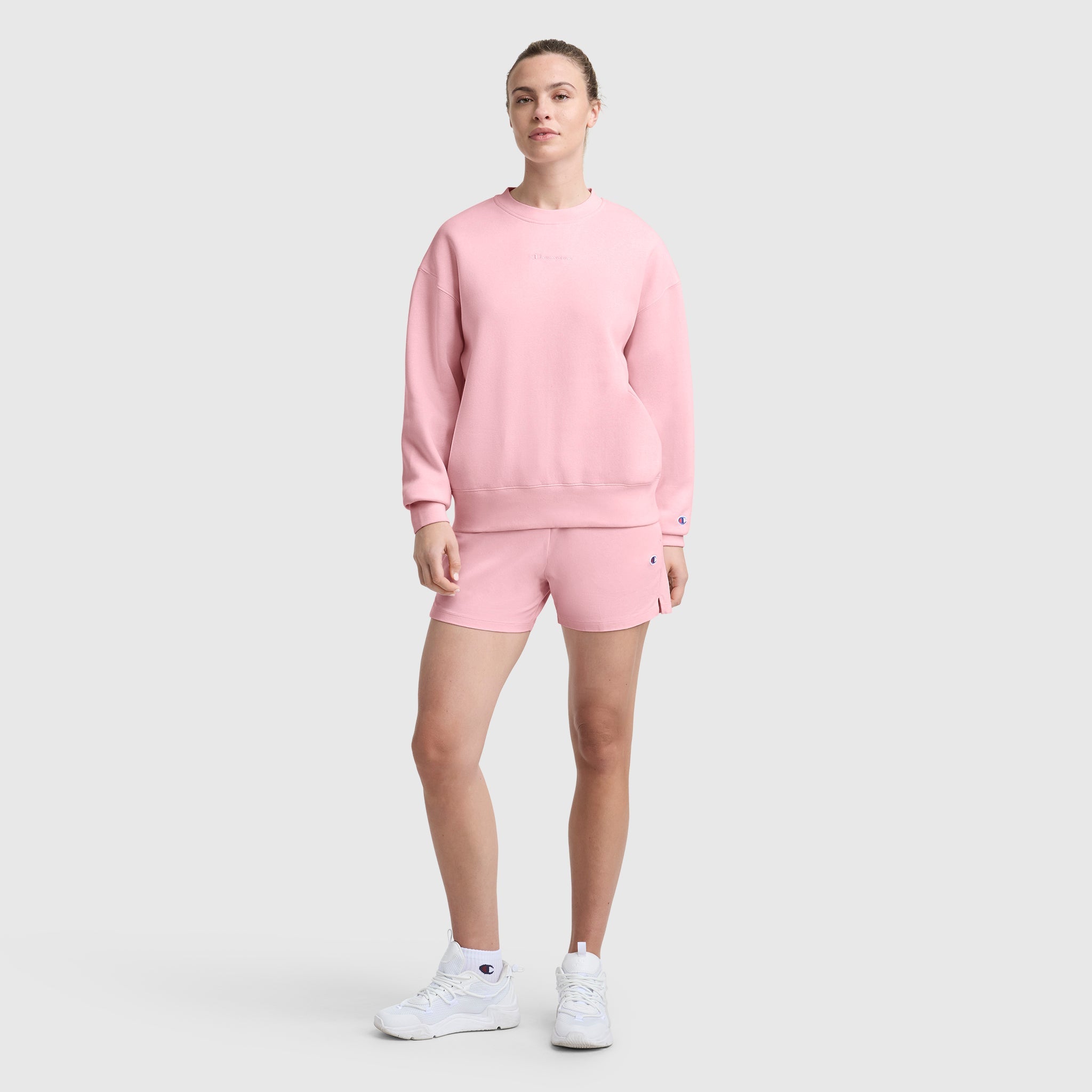 Champion Powerblend Crewneck Sweatshirt, Embroidered Script Logo - Rose Shadow