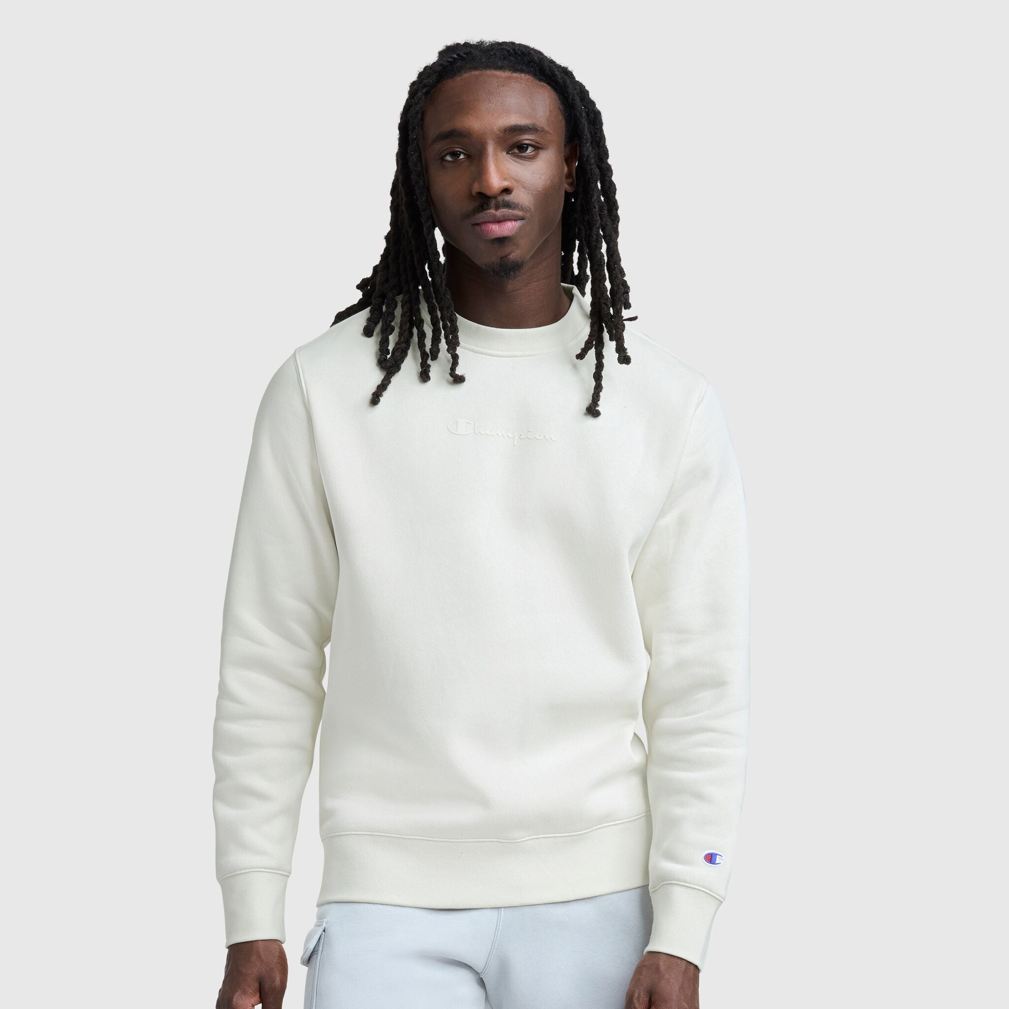 Champion Powerblend Crewneck Sweatshirt, Tonal Script Logo - Unbleached Cotton