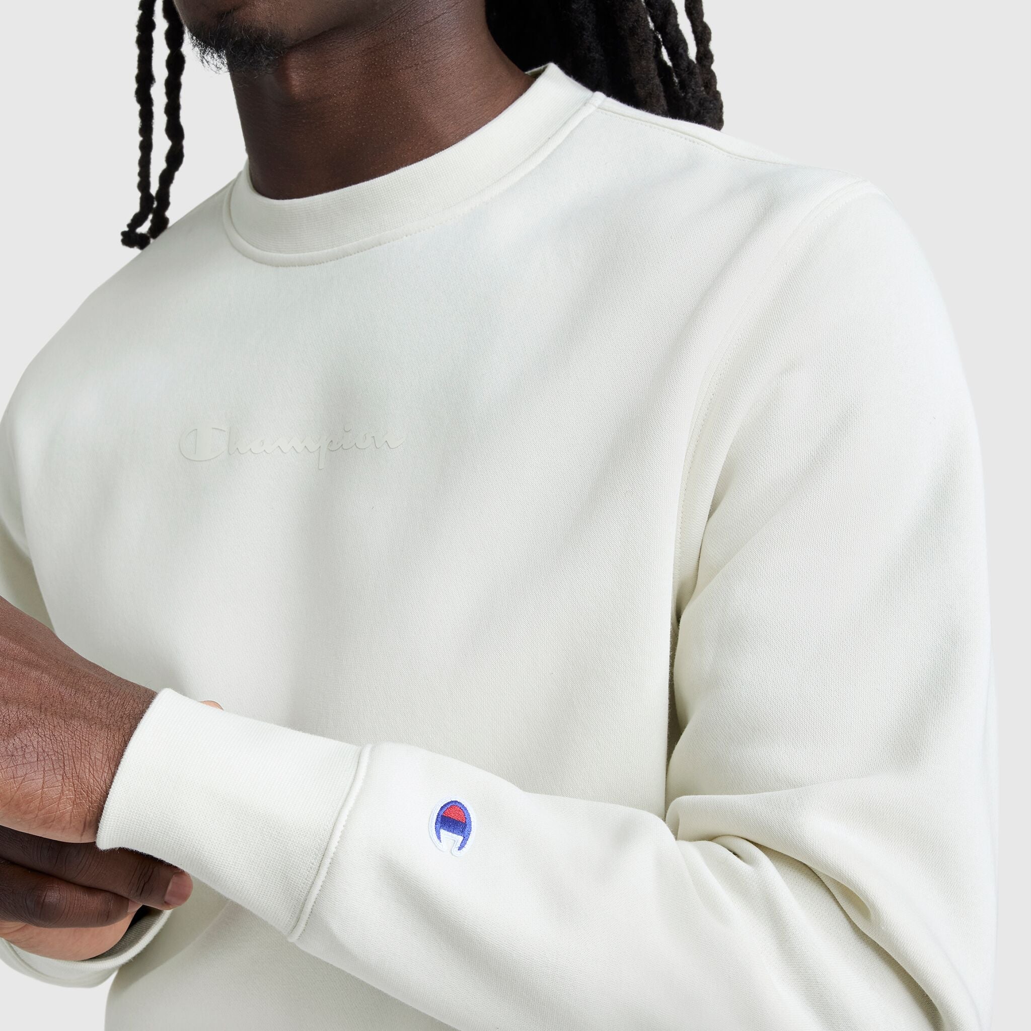 Champion Powerblend Crewneck Sweatshirt, Tonal Script Logo - Unbleached Cotton