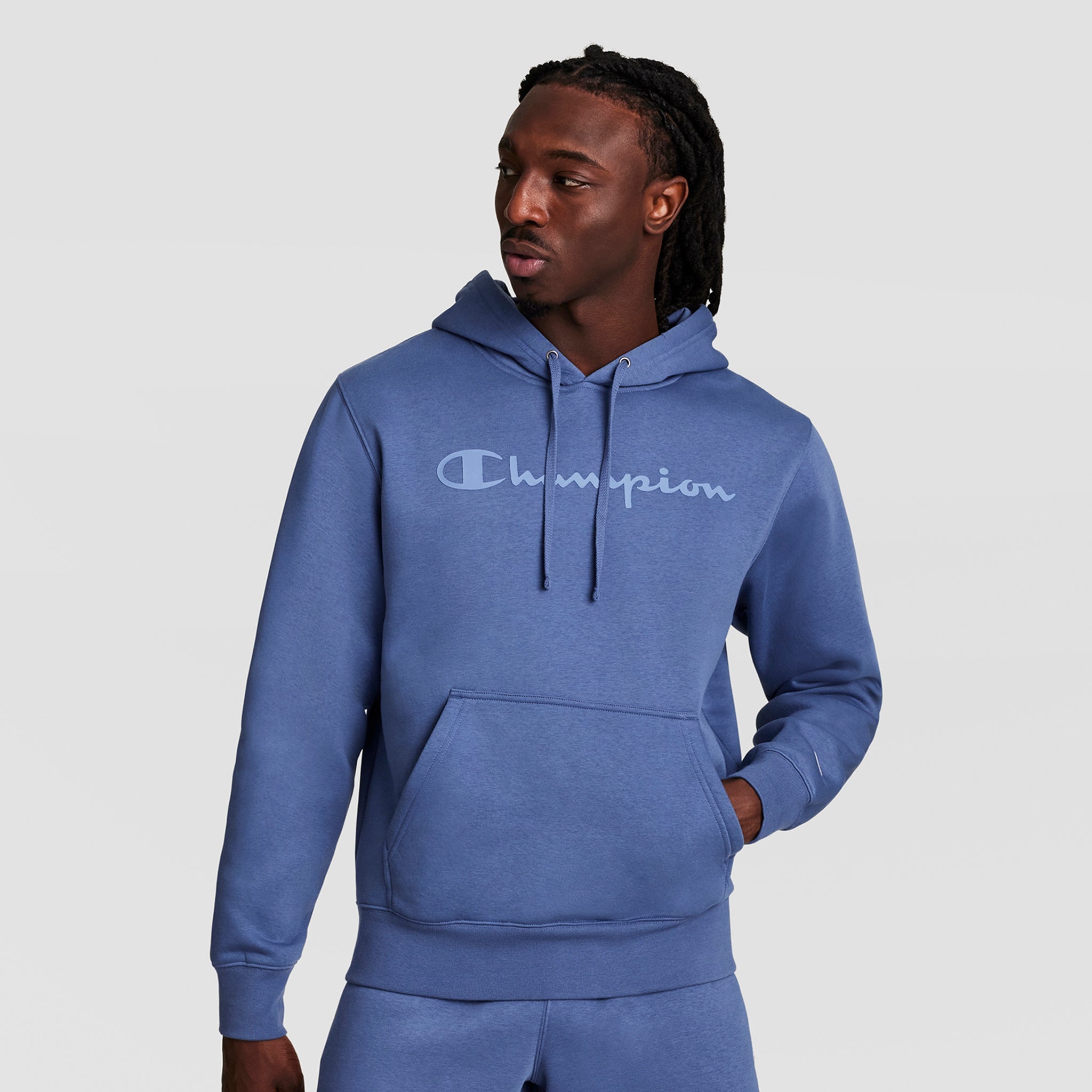 Champion Powerblend Hoodie, Tonal Script Logo - Coastal Fjord