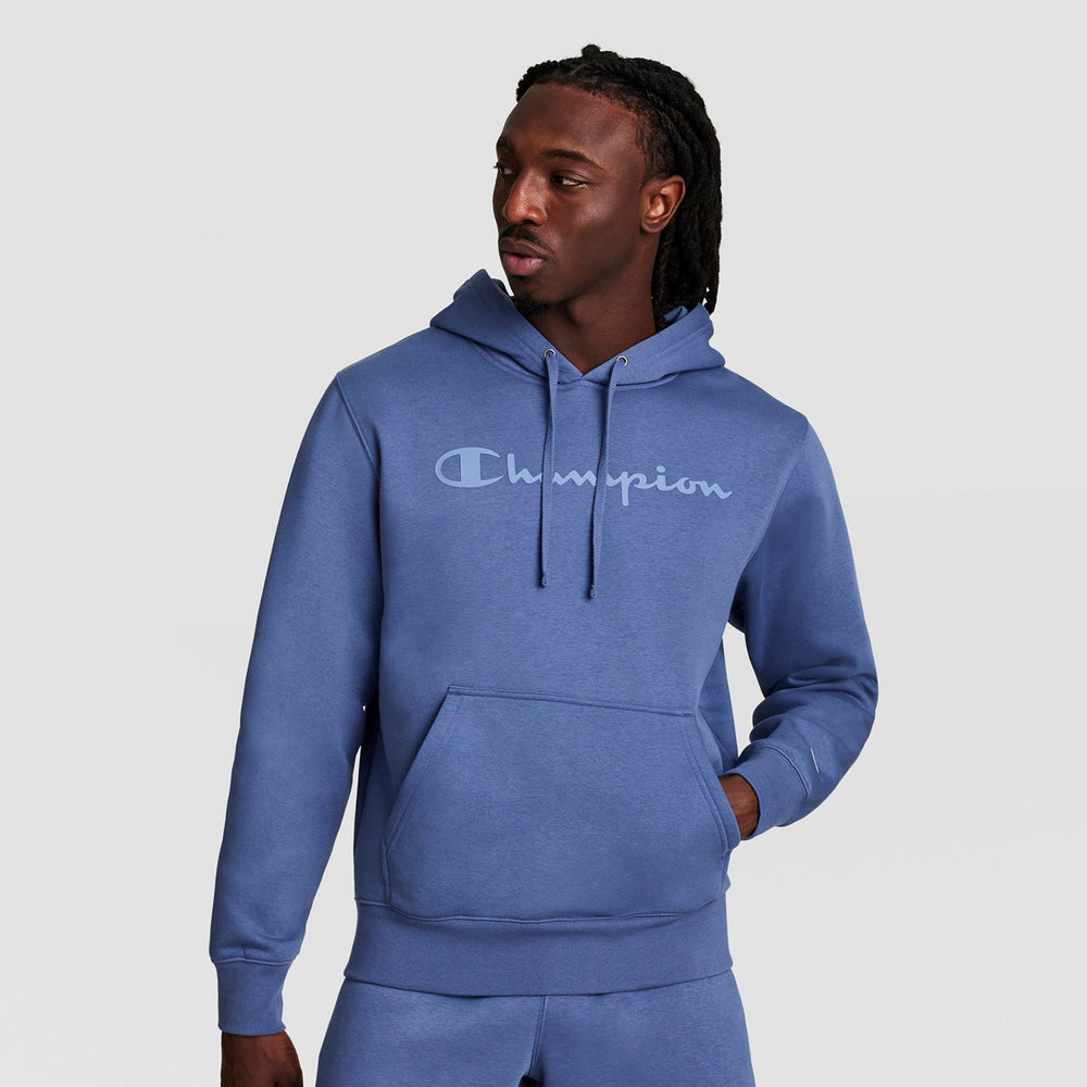 Champion Powerblend Hoodie, Tonal Script Logo - Coastal Fjord