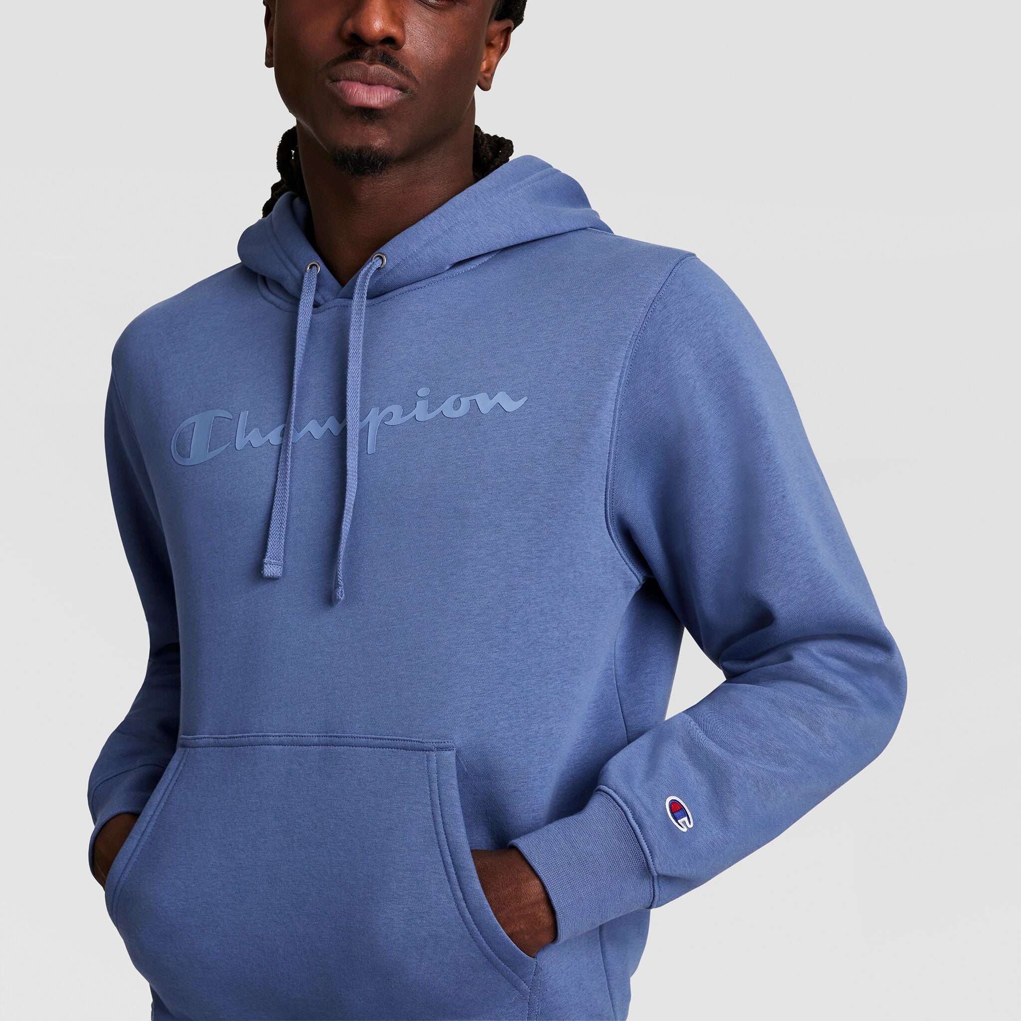 Champion Powerblend Hoodie, Tonal Script Logo - Coastal Fjord