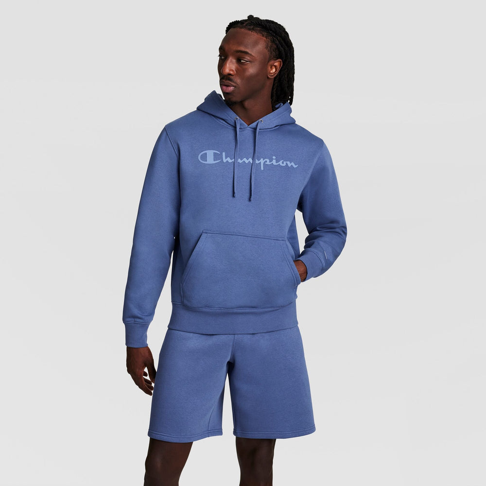 Champion Powerblend Hoodie, Tonal Script Logo - Coastal Fjord
