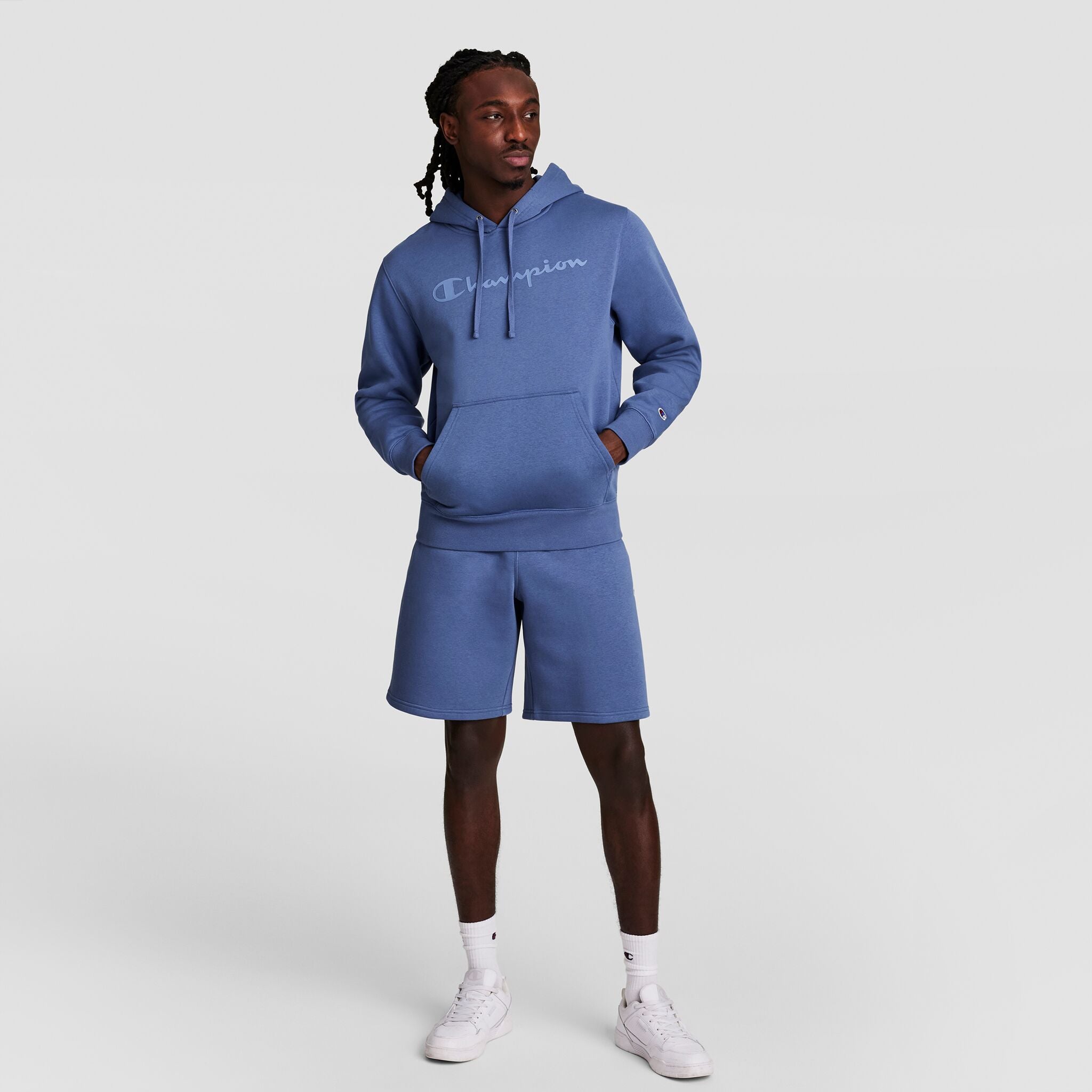 Champion Powerblend Hoodie, Tonal Script Logo - Coastal Fjord