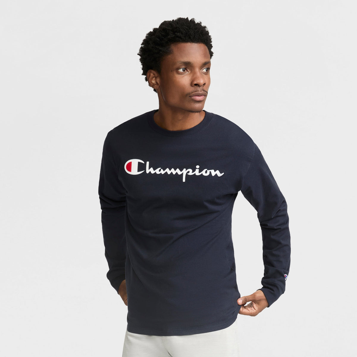 Champion Classic Graphic Long-Sleeve T-Shirt, Script Logo - Navy