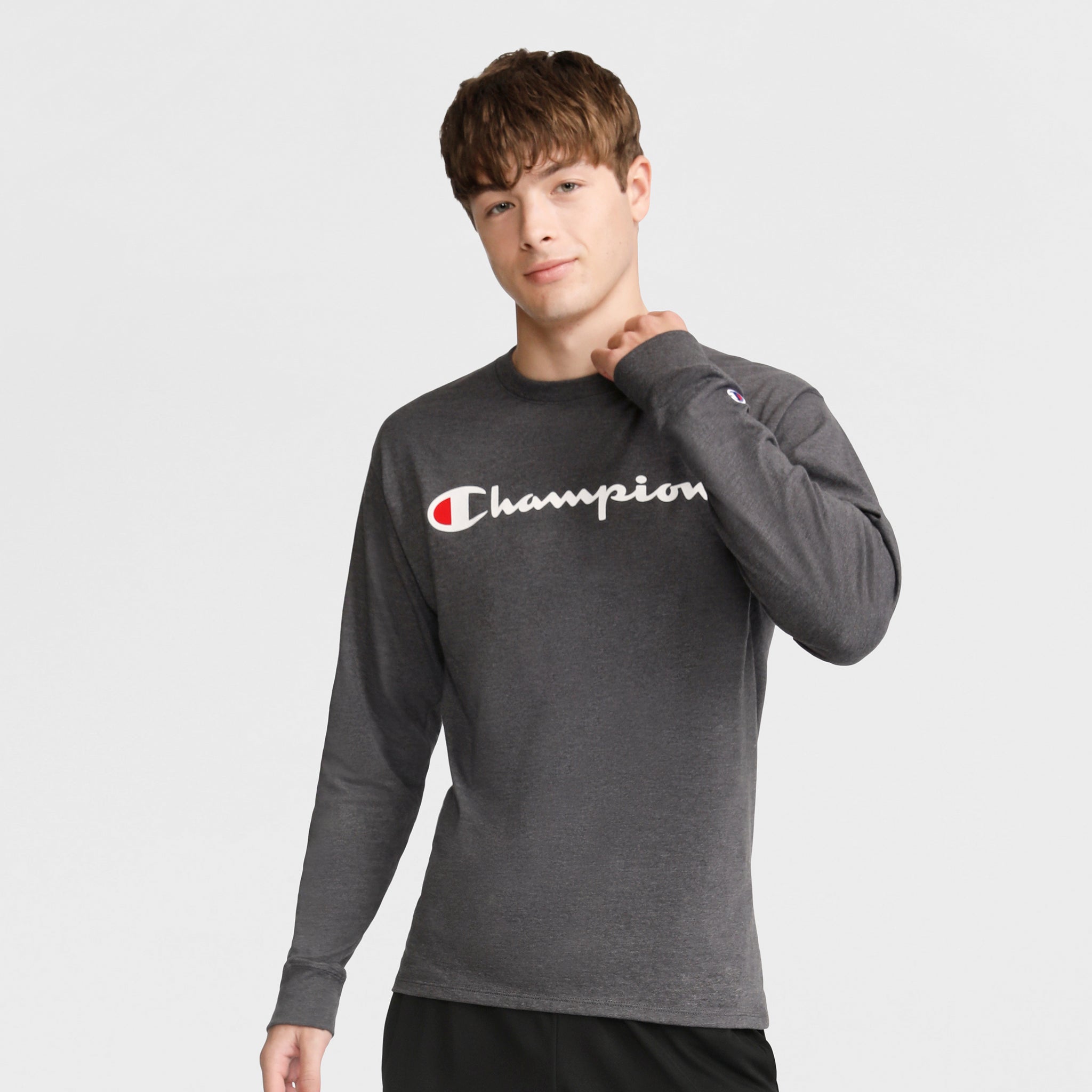 Champion Classic Graphic Long-Sleeve T-Shirt, Script Logo - Granite Heather