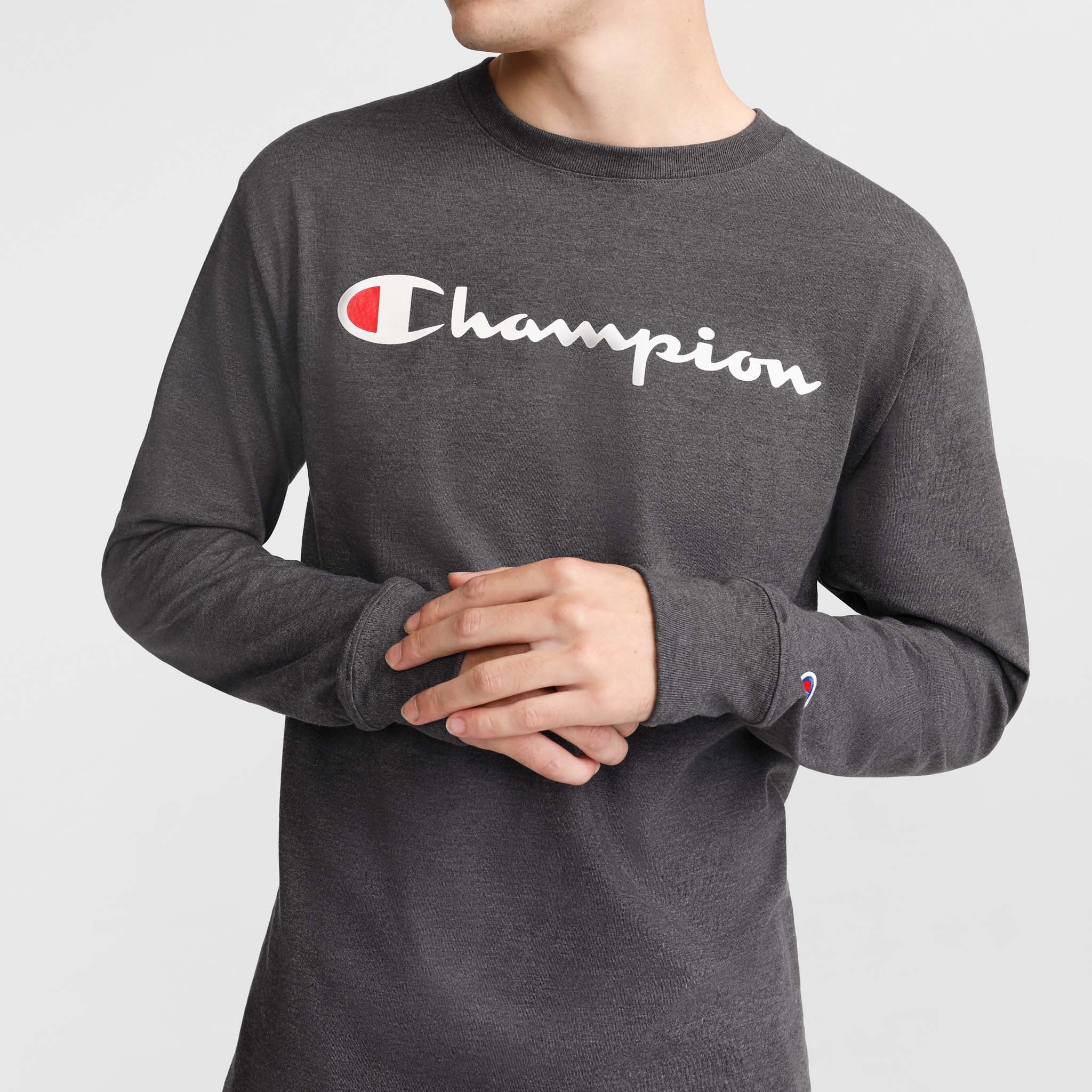 Champion Classic Graphic Long-Sleeve T-Shirt, Script Logo - Granite Heather