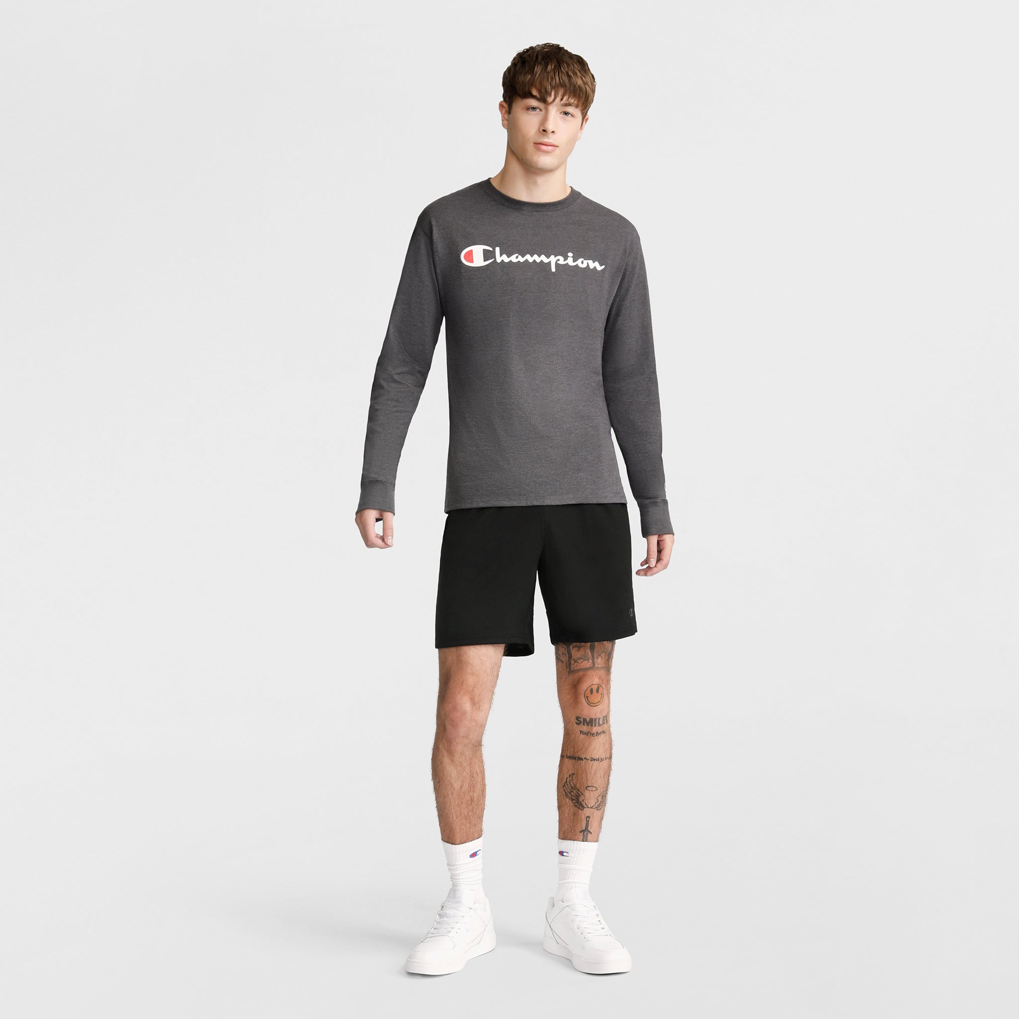 Champion Classic Graphic Long-Sleeve T-Shirt, Script Logo - Granite Heather