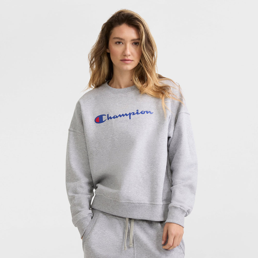 Champion Powerblend Crewneck Sweatshirt, Script Logo - Oxford Grey Heather