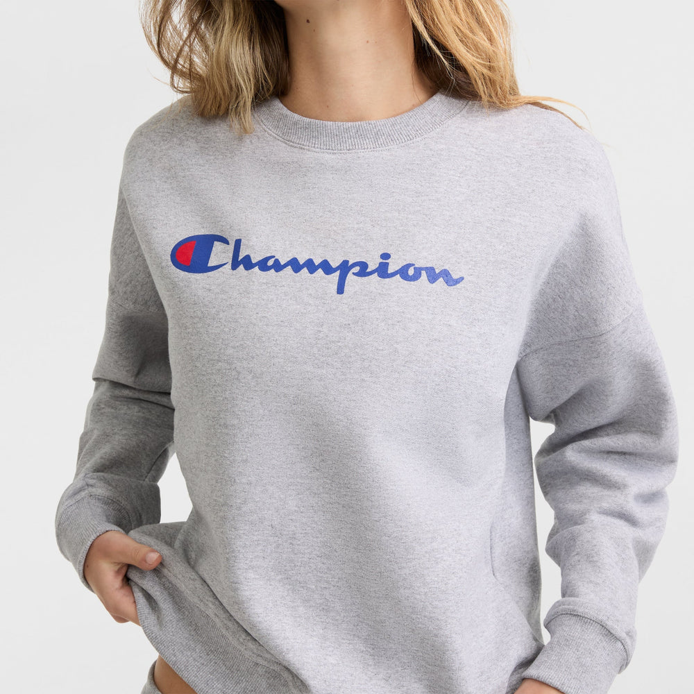 Champion Powerblend Crewneck Sweatshirt, Script Logo - Oxford Grey Heather
