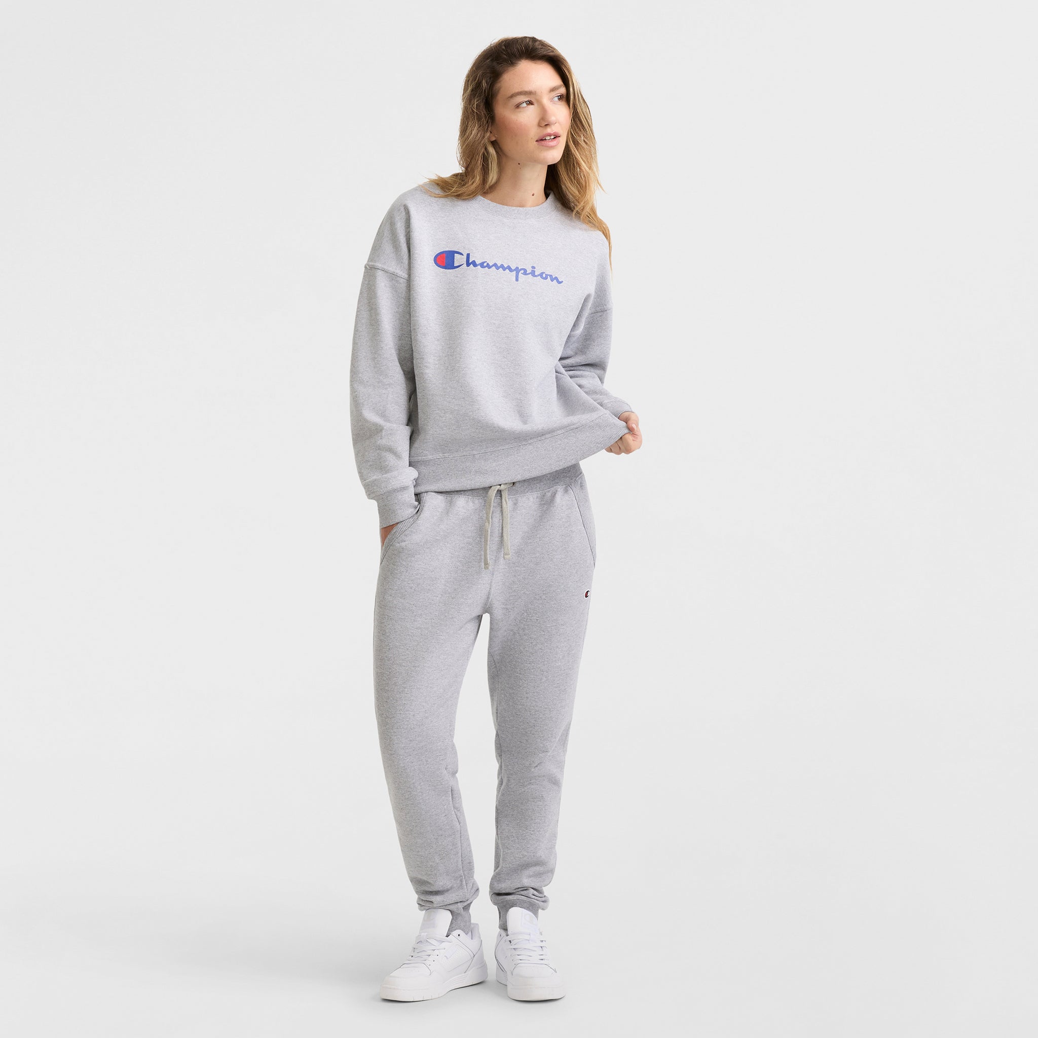 Champion Powerblend Crewneck Sweatshirt, Script Logo - Oxford Grey Heather
